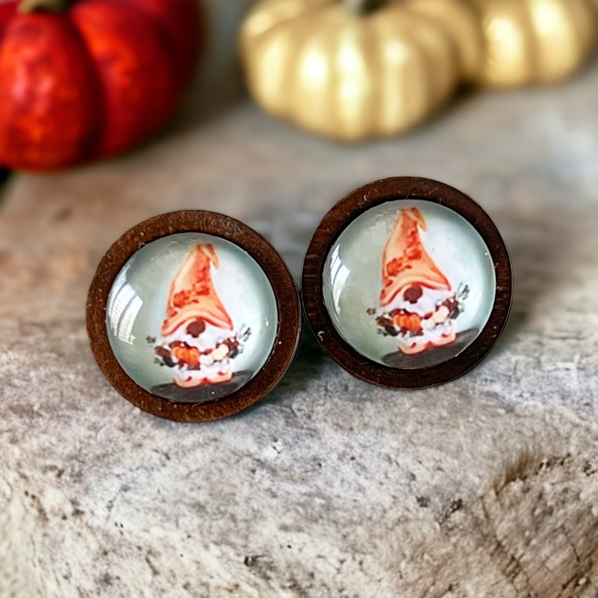 Gnome Pumpkin Stud Earrings – Whimsical Fall Harvest Jewelry in Wood