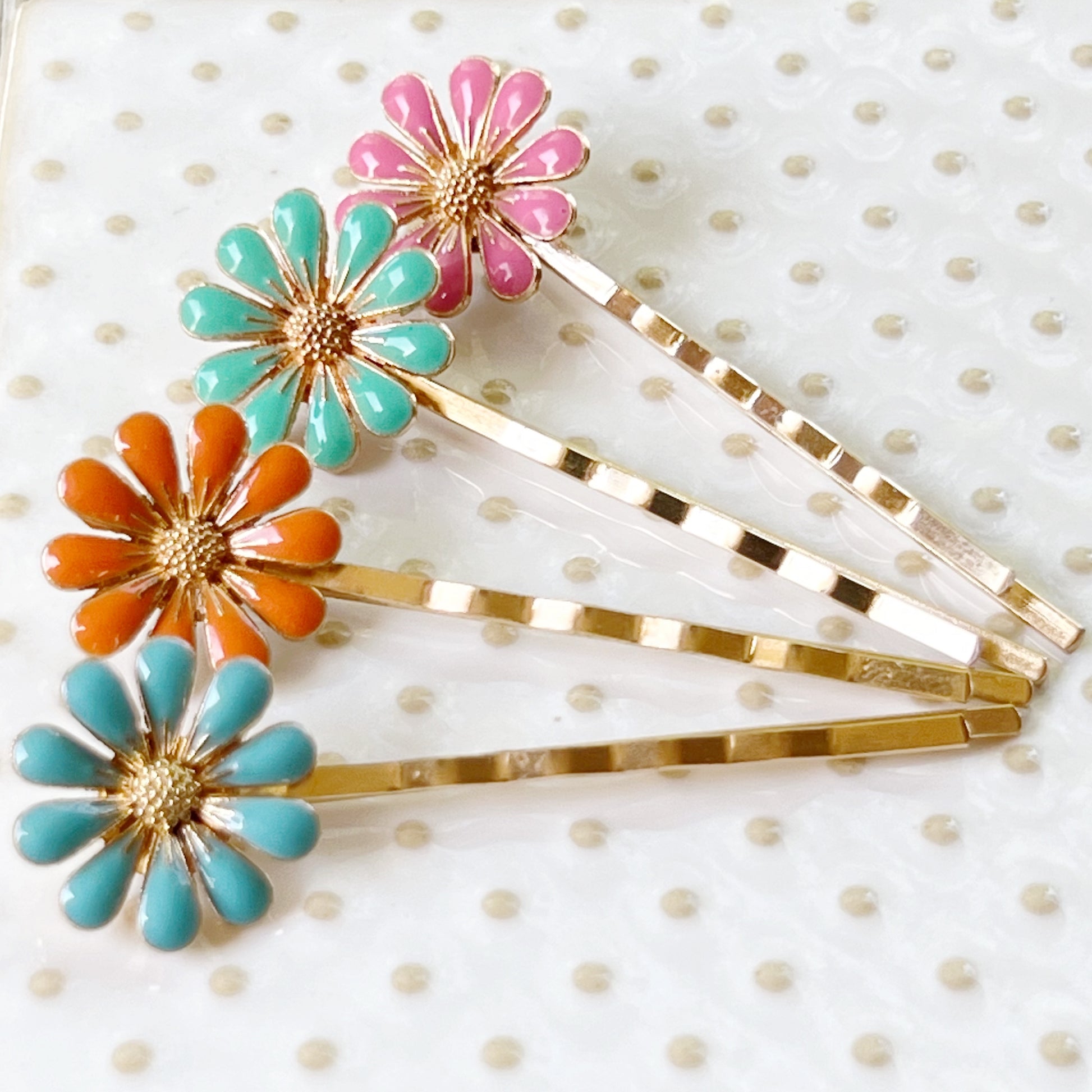 Colorful Daisy Hair Pins – Gold Bobby Pin Set with Enamel Flower Accents
