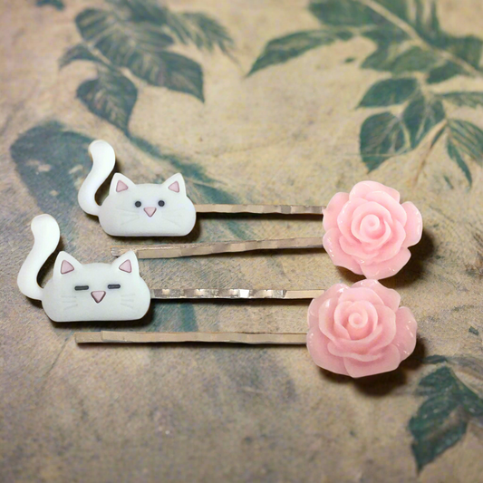White Cats & Pink Flower Hair Pin Set- Accessories for Cat Lovers