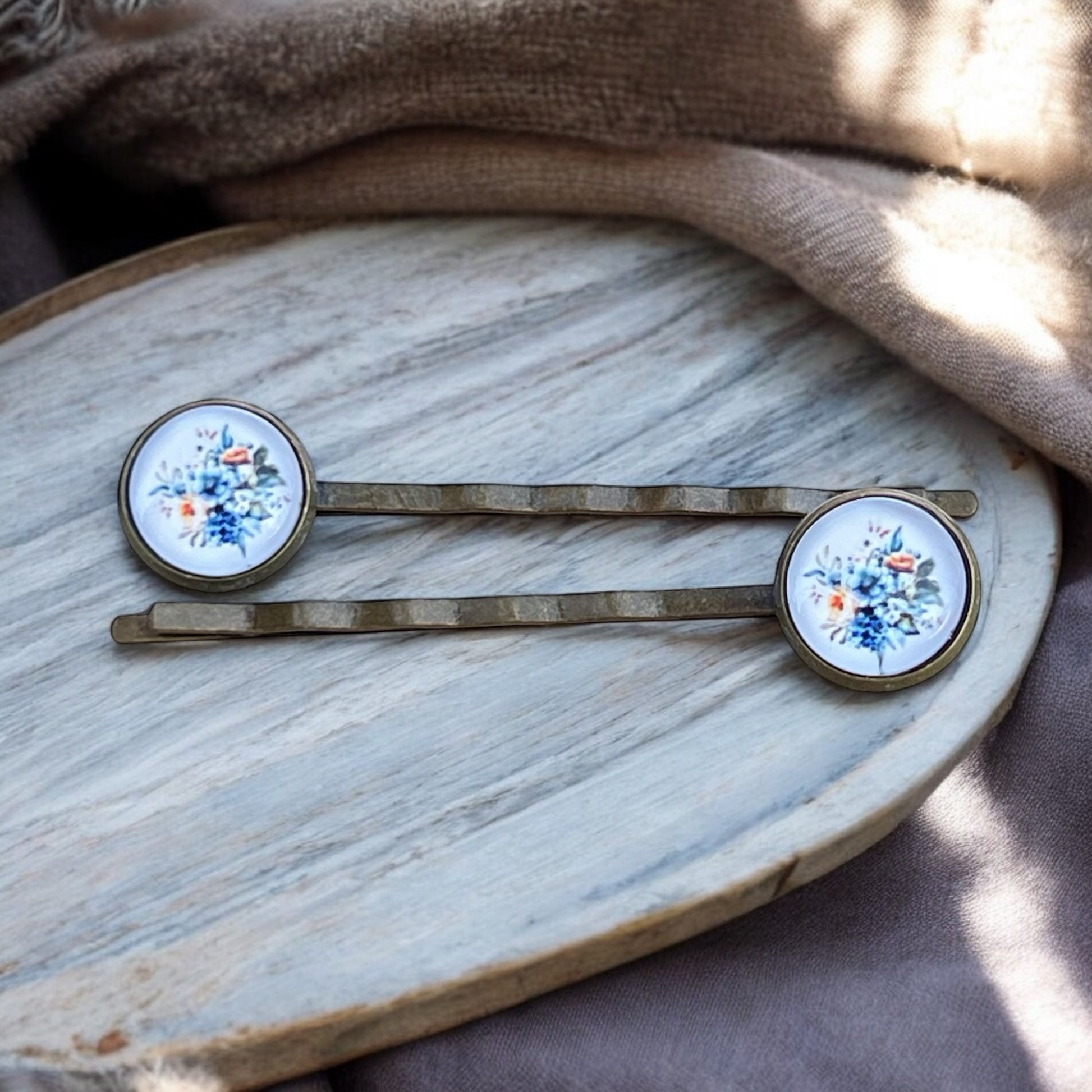 Blue Floral Hair Pins – Set of 2 Vintage Cottagecore Accessories