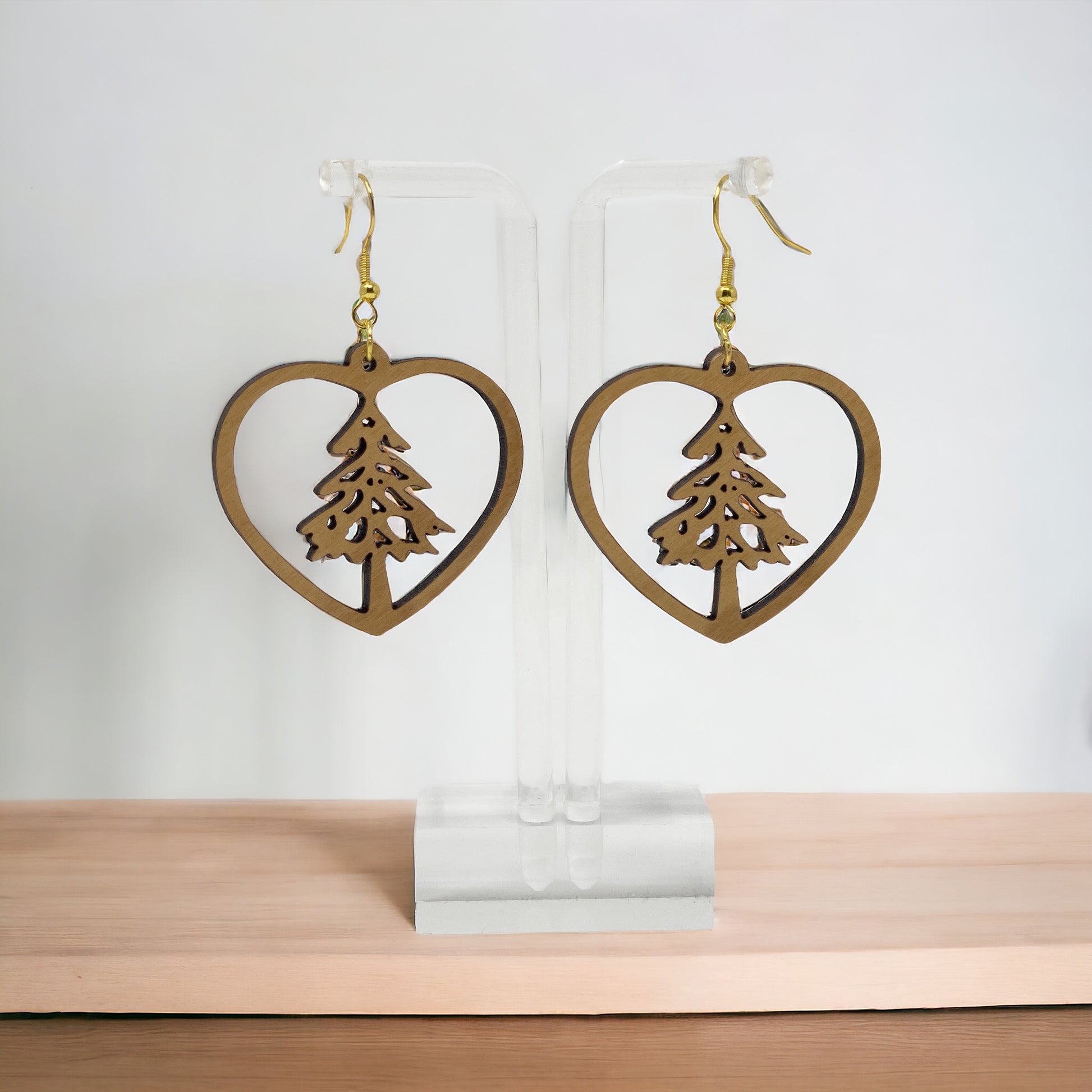 Heart Tree Cutout Earrings – Wooden Christmas Forest Dangles with Gold Hooks