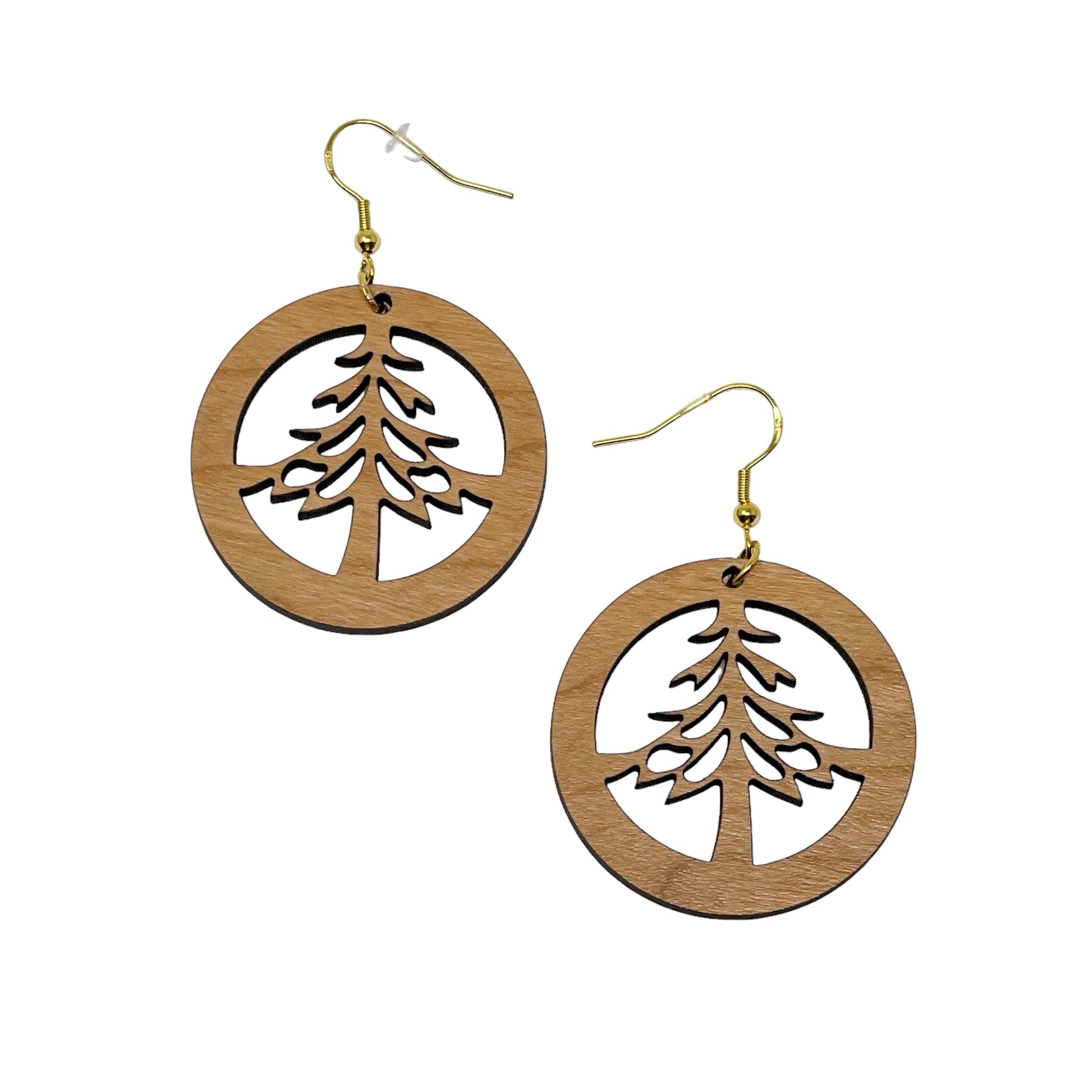 Circle Tree Cutout Earrings – Round Wooden Forest Holiday Jewelry