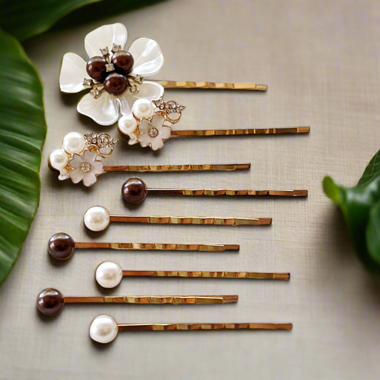 Brown Pearl Bridal Hair Pins Set - Wedding Hair Jewelry for Brides