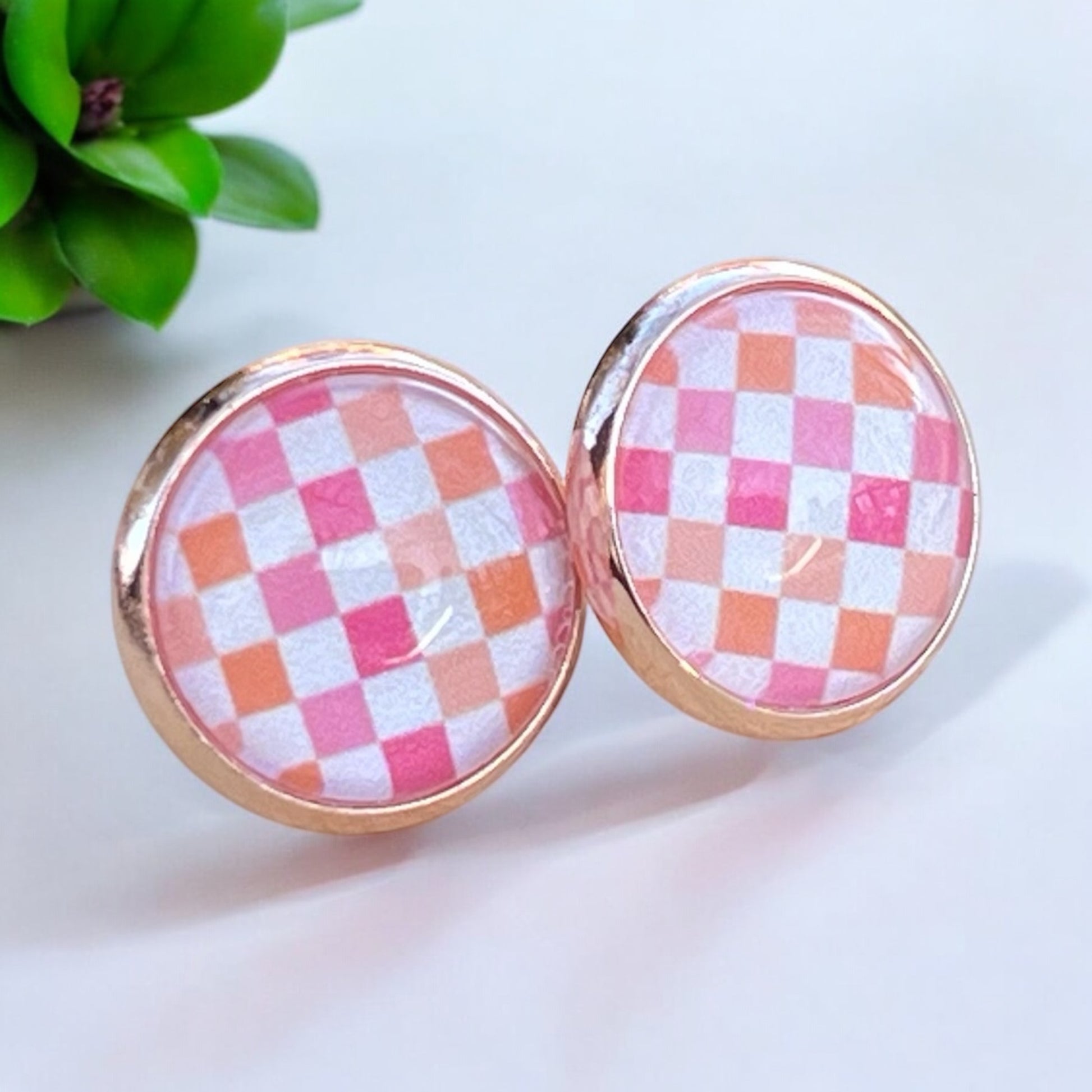 Pink & Orange Gingham Stud Earrings – Handmade Spring Jewelry