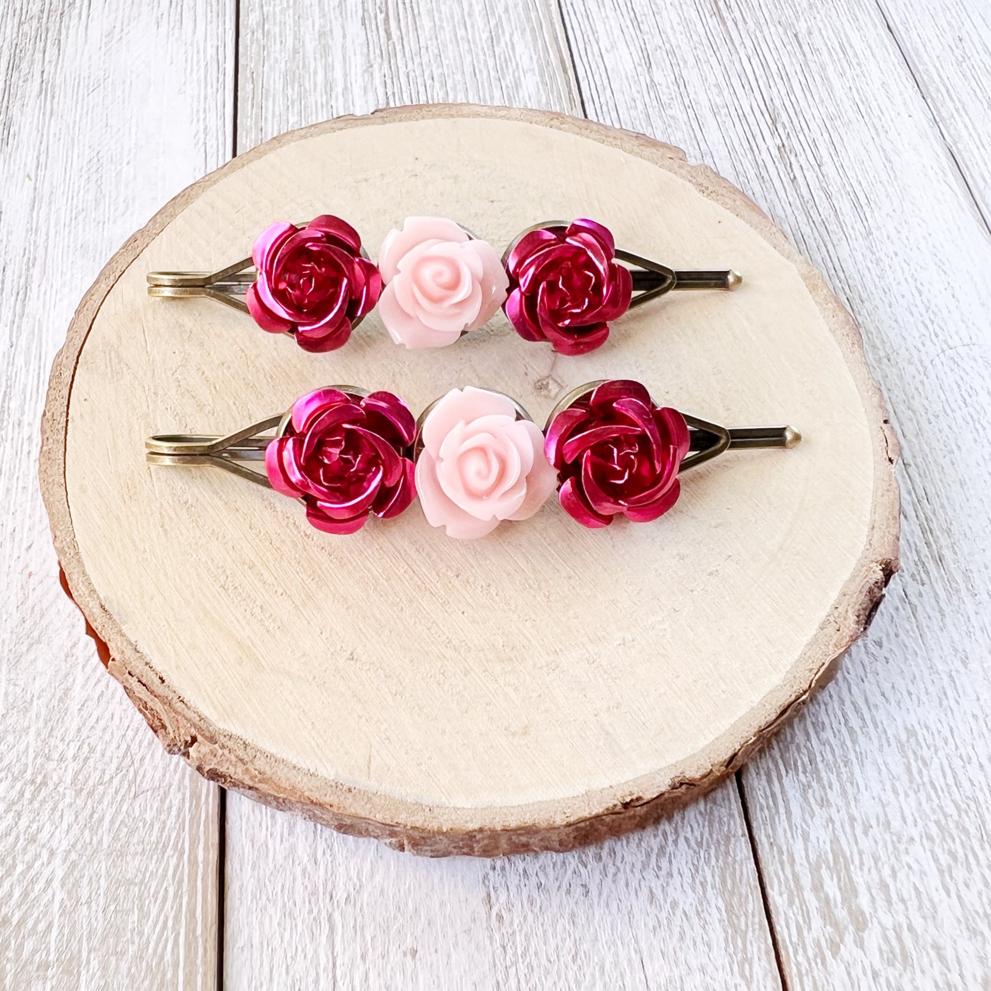 Red & Pink Rose Hair Pins – Romantic Vintage-Inspired Floral Hair Clips