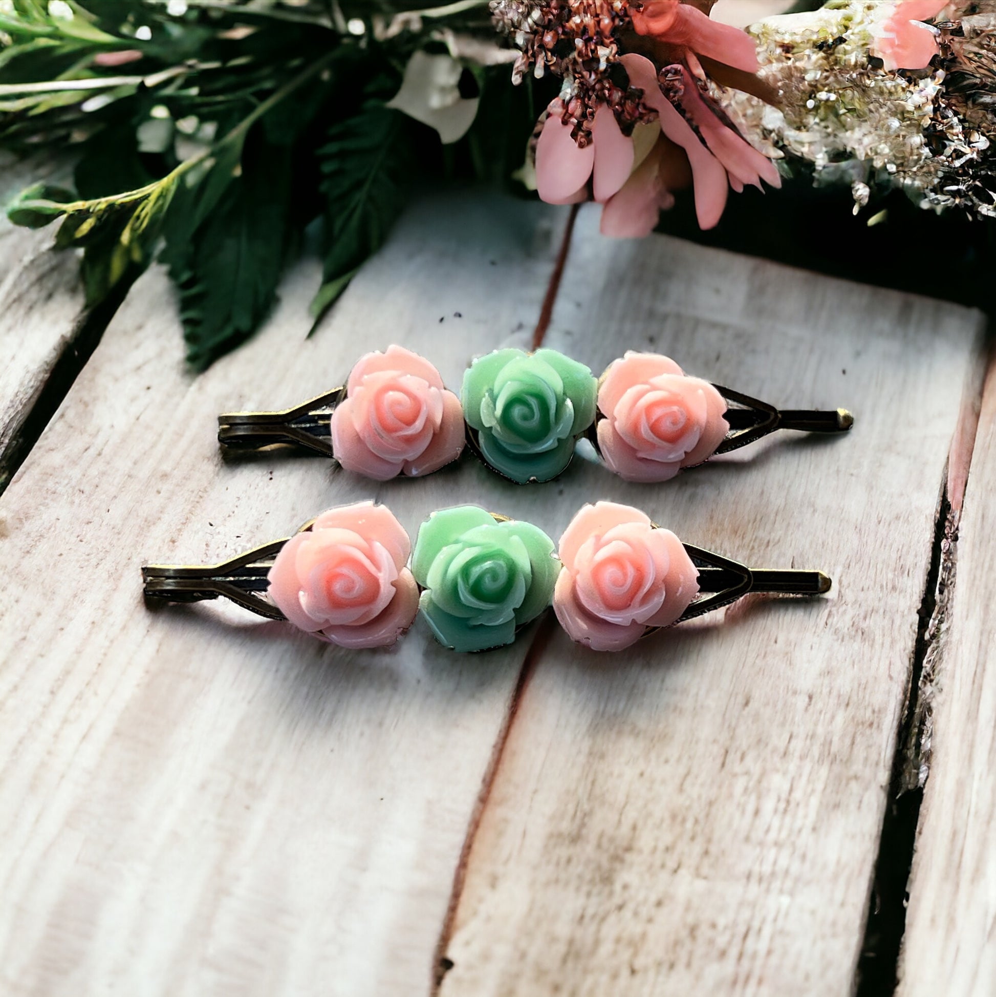 Blush & Mint Rose Hair Pins – Set of 2 Cottagecore Accessories