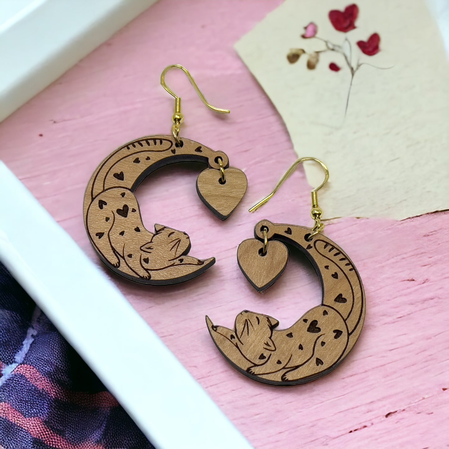 Heart Moon Cat Earrings – Whimsical Wooden Love Jewelry for Her