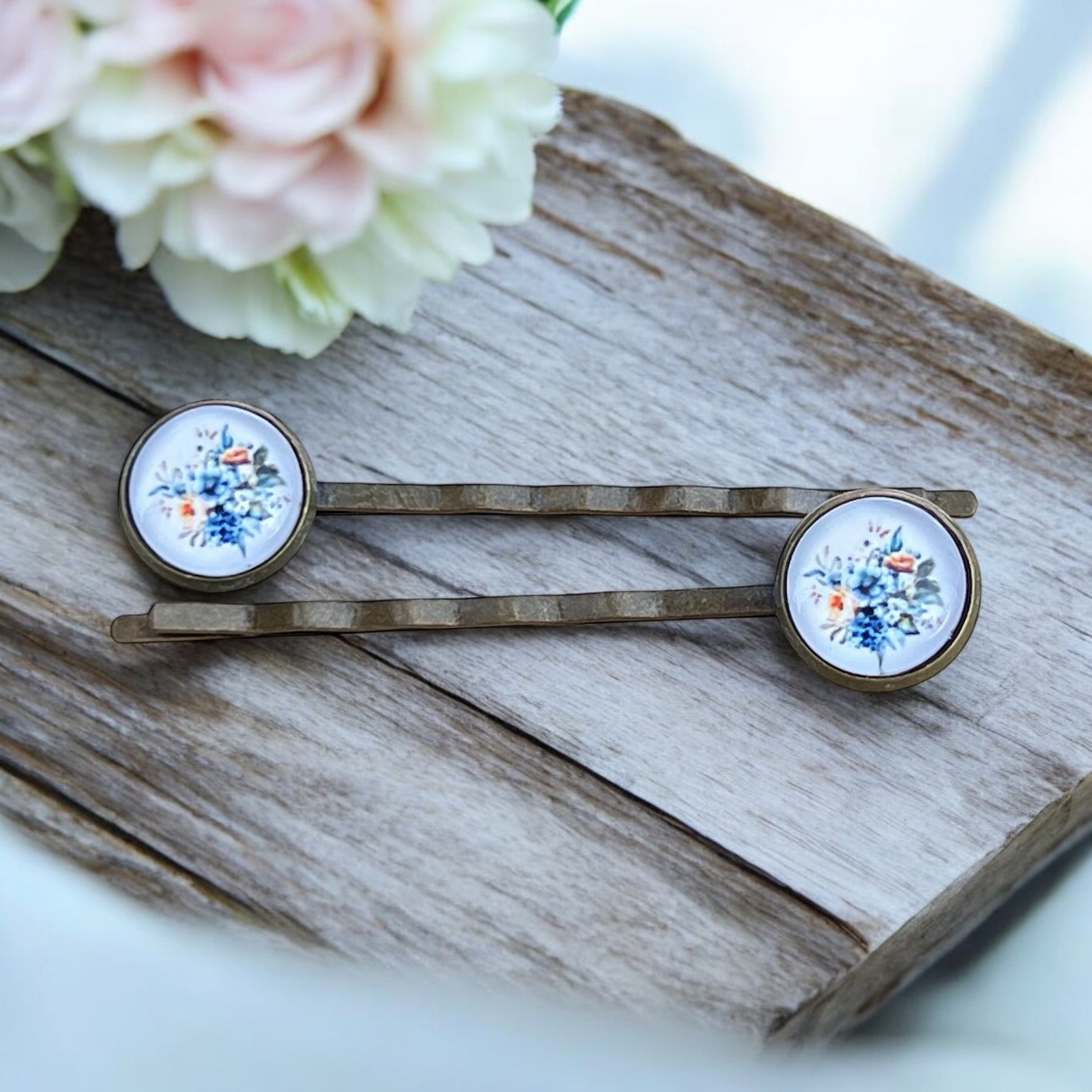 Blue Floral Hair Pins – Set of 2 Vintage Cottagecore Accessories