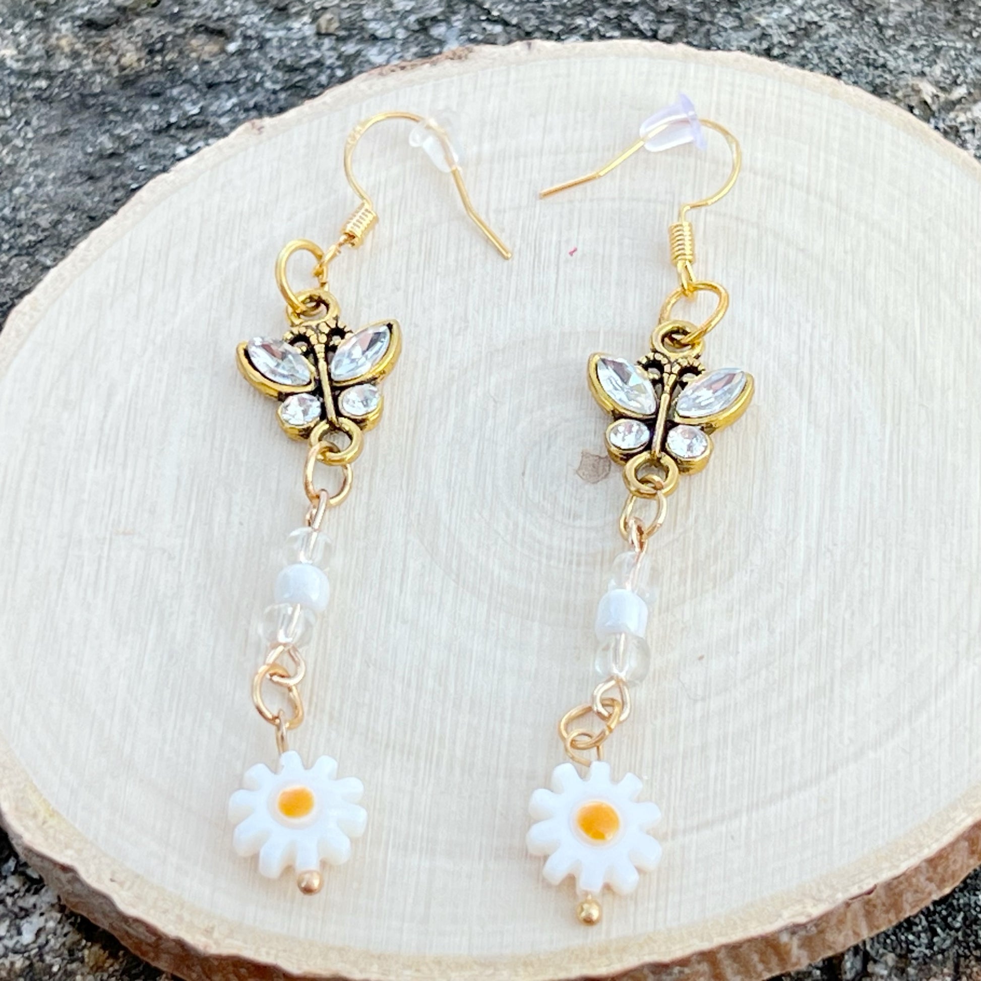 Butterfly & Daisy Earrings – Handmade Gold Floral Dangles