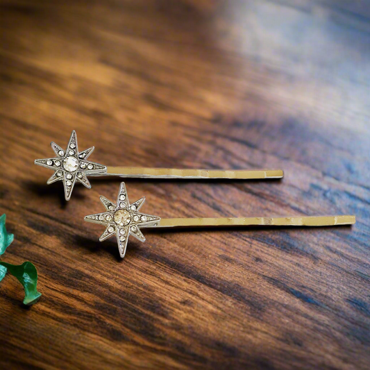 Snowflake Star Gold Bobby Pins - Set of 2 Celestial Hair Pins