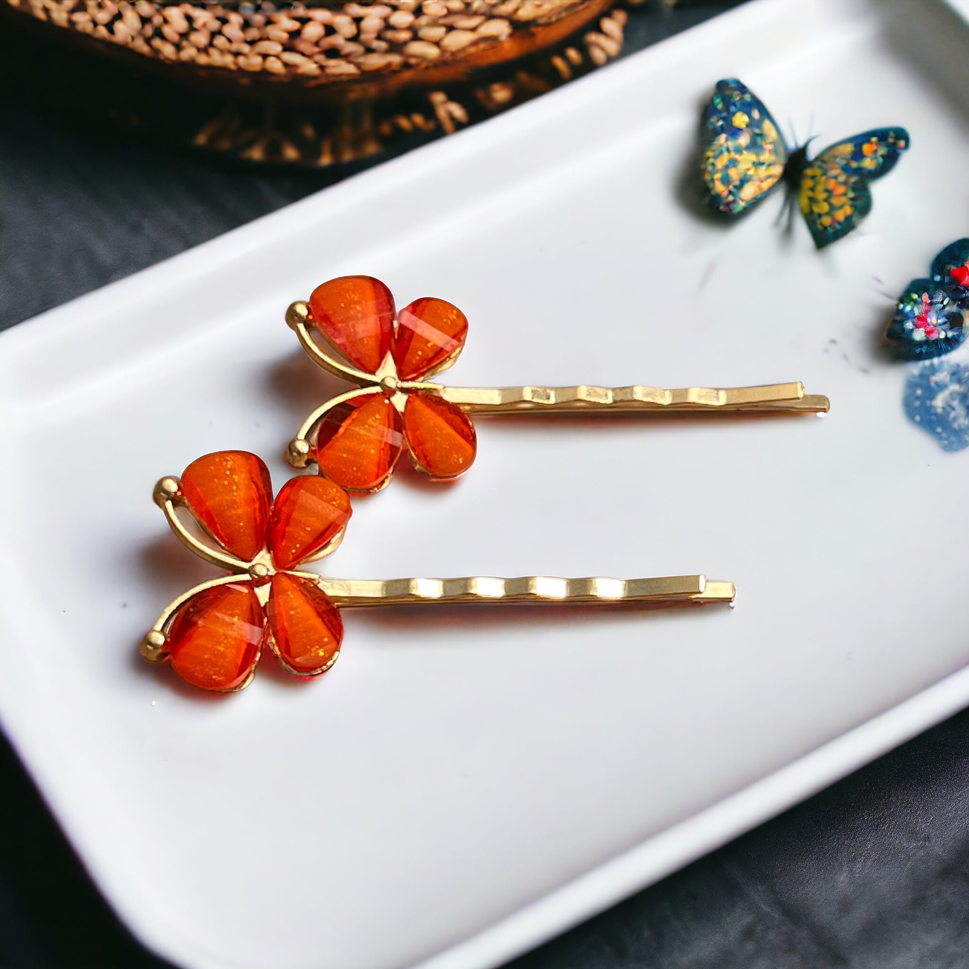 Orange Butterfly Hair Pins – Set of 2 Boho Spring Accessories