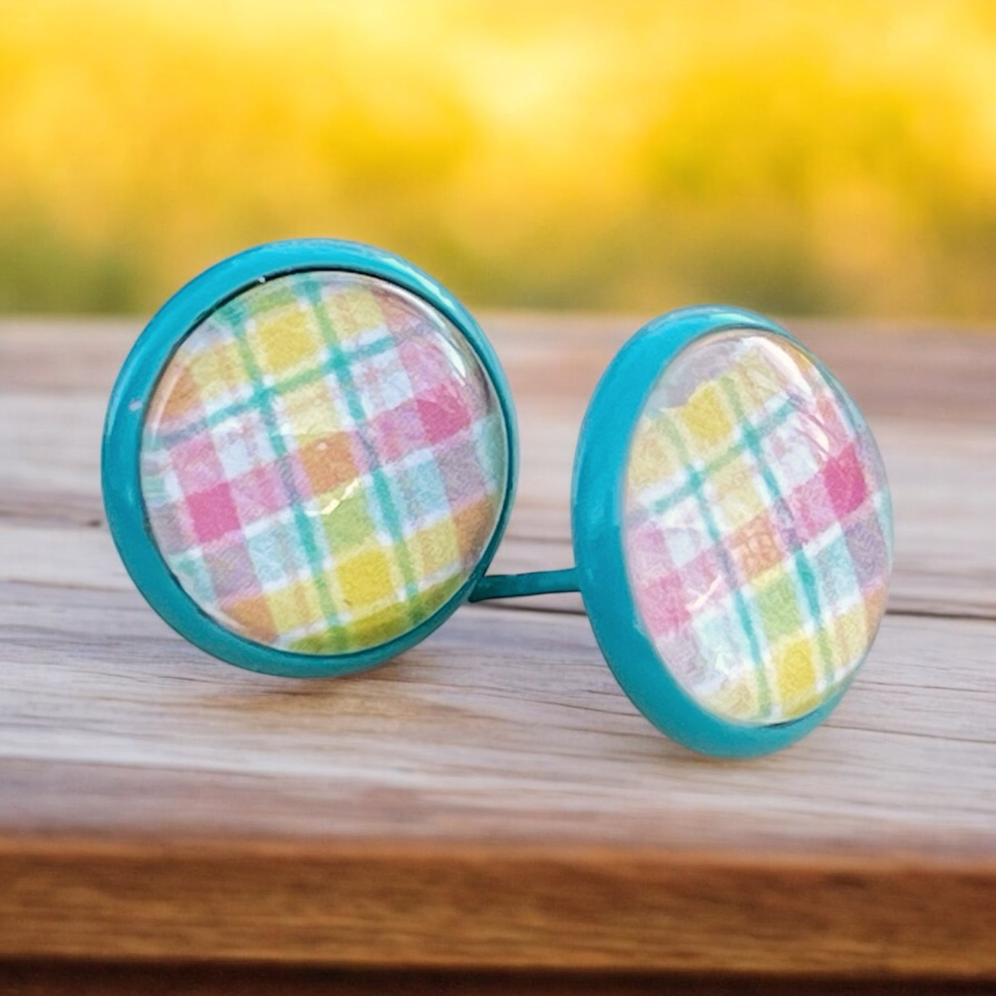 Handmade Pastel Plaid Stud Earrings – 12mm Teal Metal Setting – Spring & Easter Jewelry