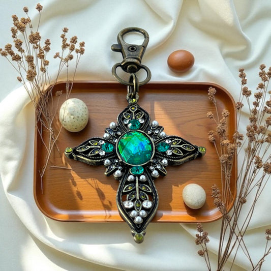 Ornate Cross Purse Charm – Vintage Bronze Keychain with Rhinestones