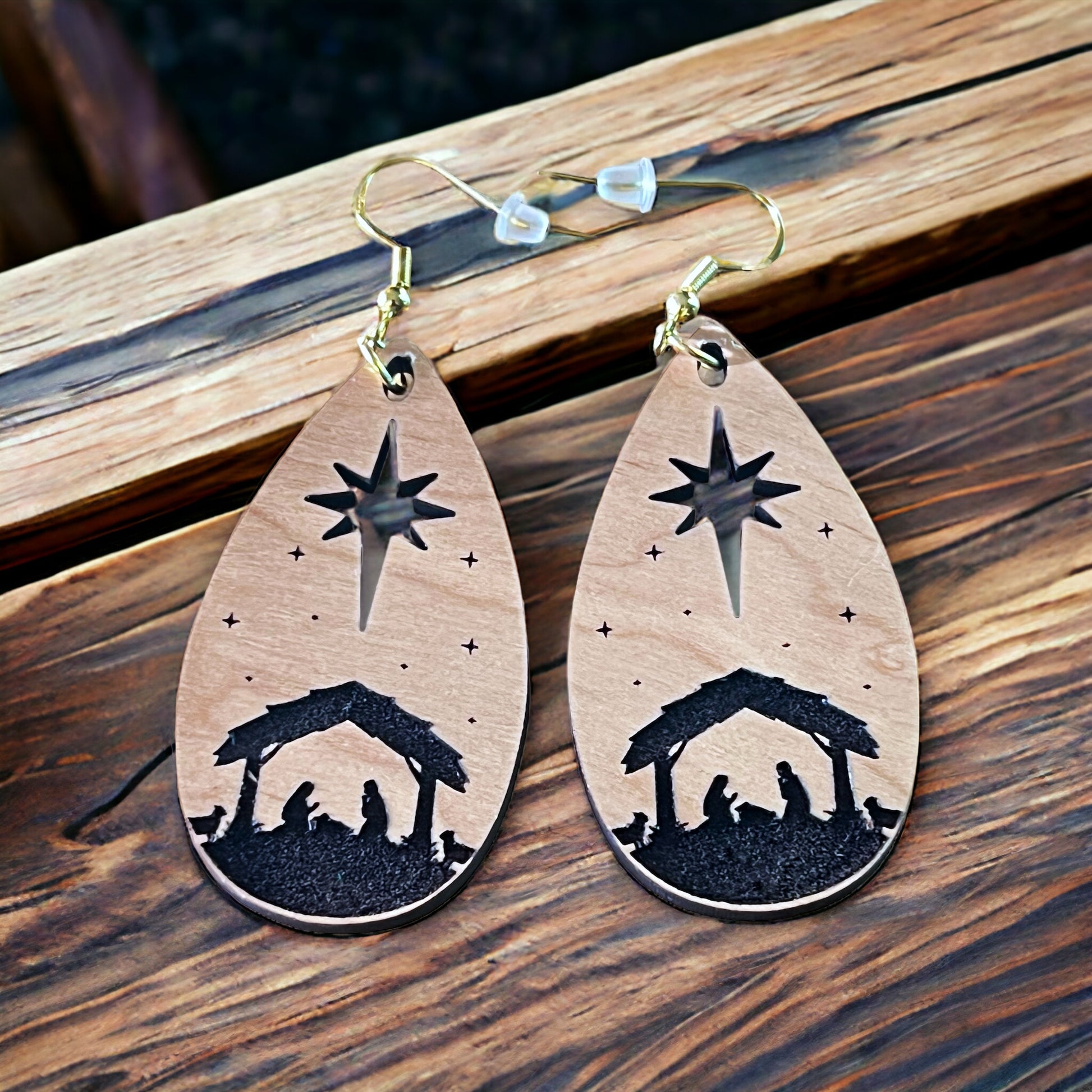 Nativity Earrings, Christmas Jesus Dangle Earrings, Cute Holiday Earrings, Wood Christian Earrings, Country Xmas Jewelry, Rustic Nature Gift