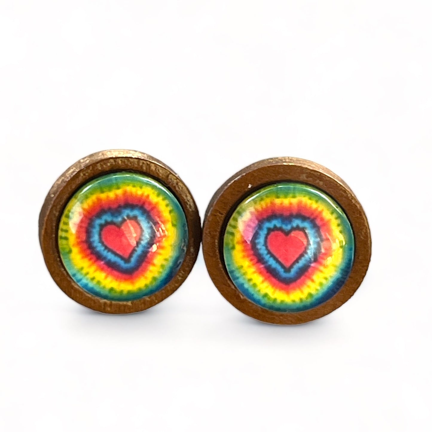 Rainbow Tie-Dye Heart Stud Earrings – Retro Wooden Jewelry