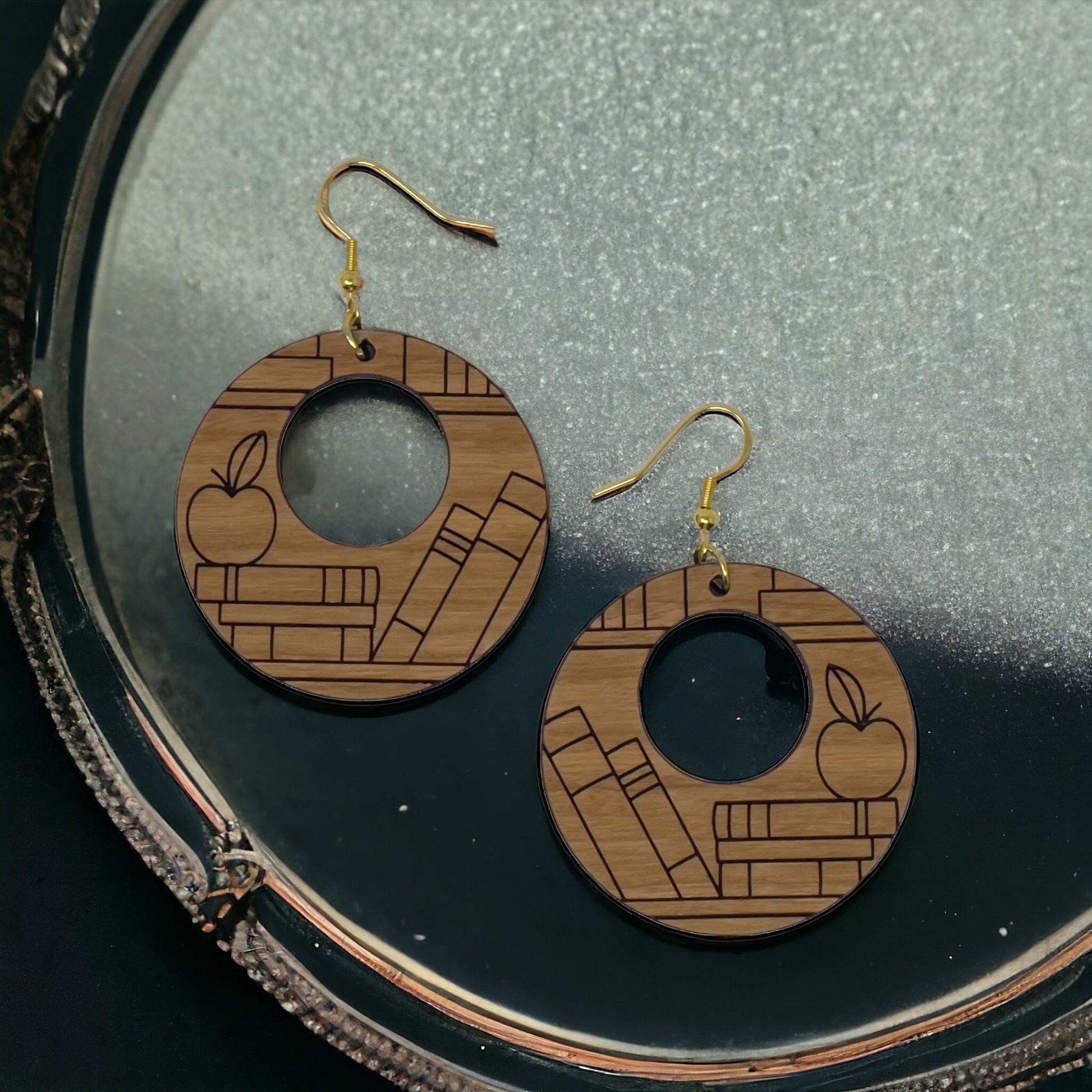 Apple & Books Wood Earrings – Boho Jewelry for Teachers
