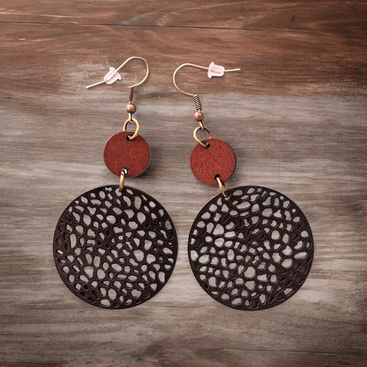 Wood & Black Leather Cutout Earrings – Boho Chic Jewelry
