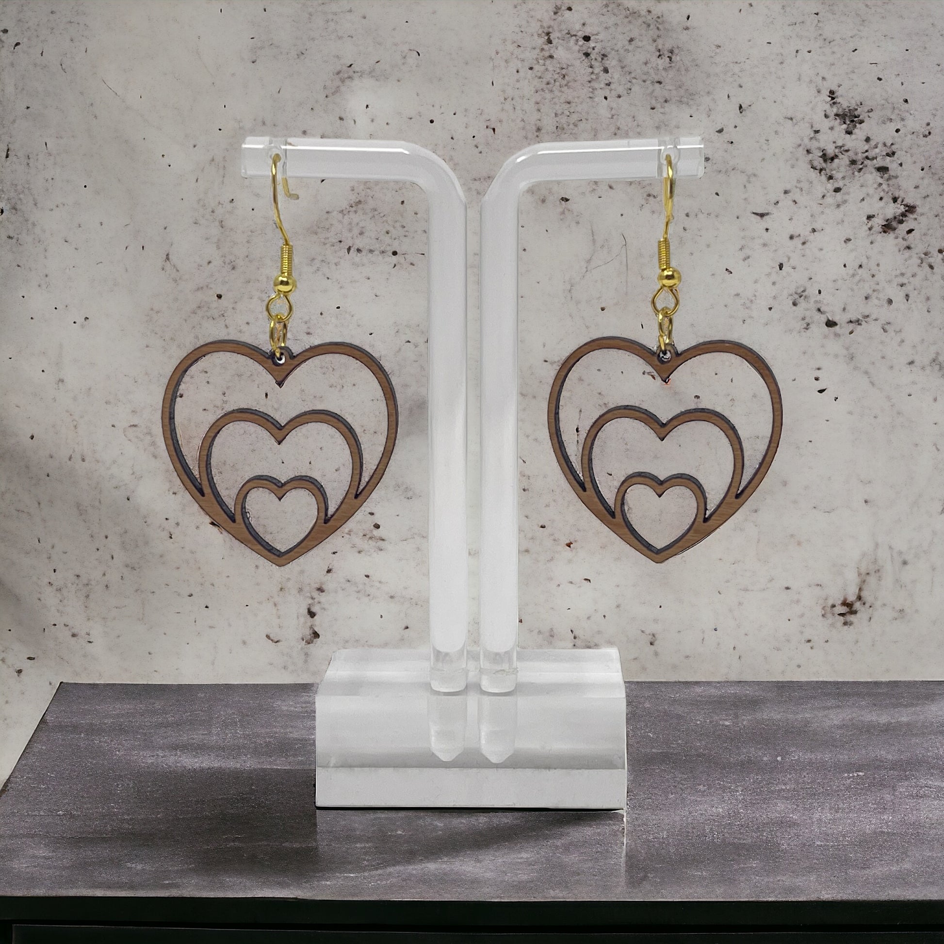 Nested Triple Heart Wood Earrings, Rustic Valentines Dangle Earrings, Cute Holiday Earrings, Wooden Cutout Earrings, Country Western Boho Jewelry