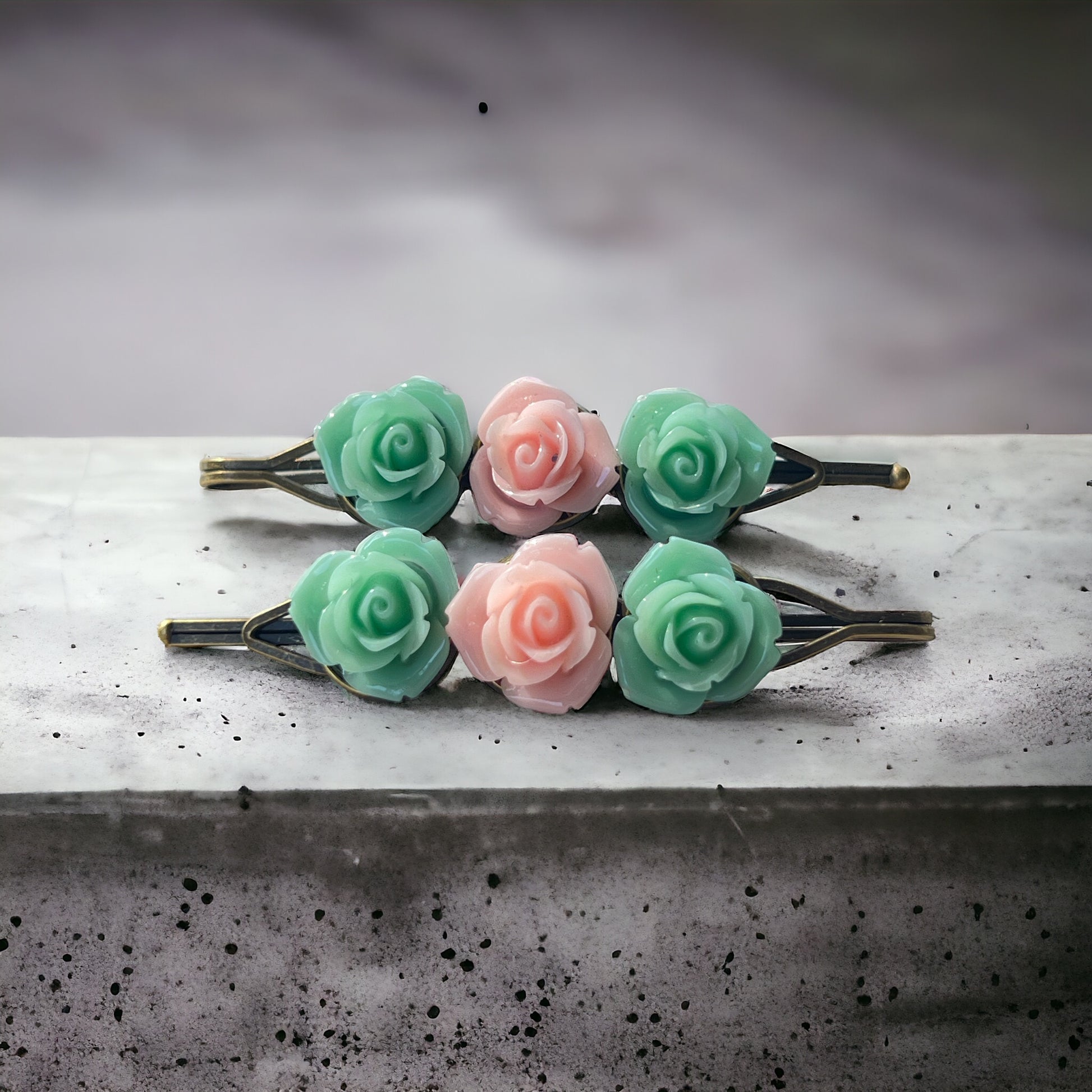 Mint & Blush Rose Hair Pins – Set of 2 Cottagecore Accessories