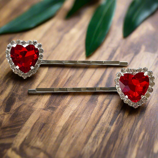 Red Rhinestone Heart Hair Pins