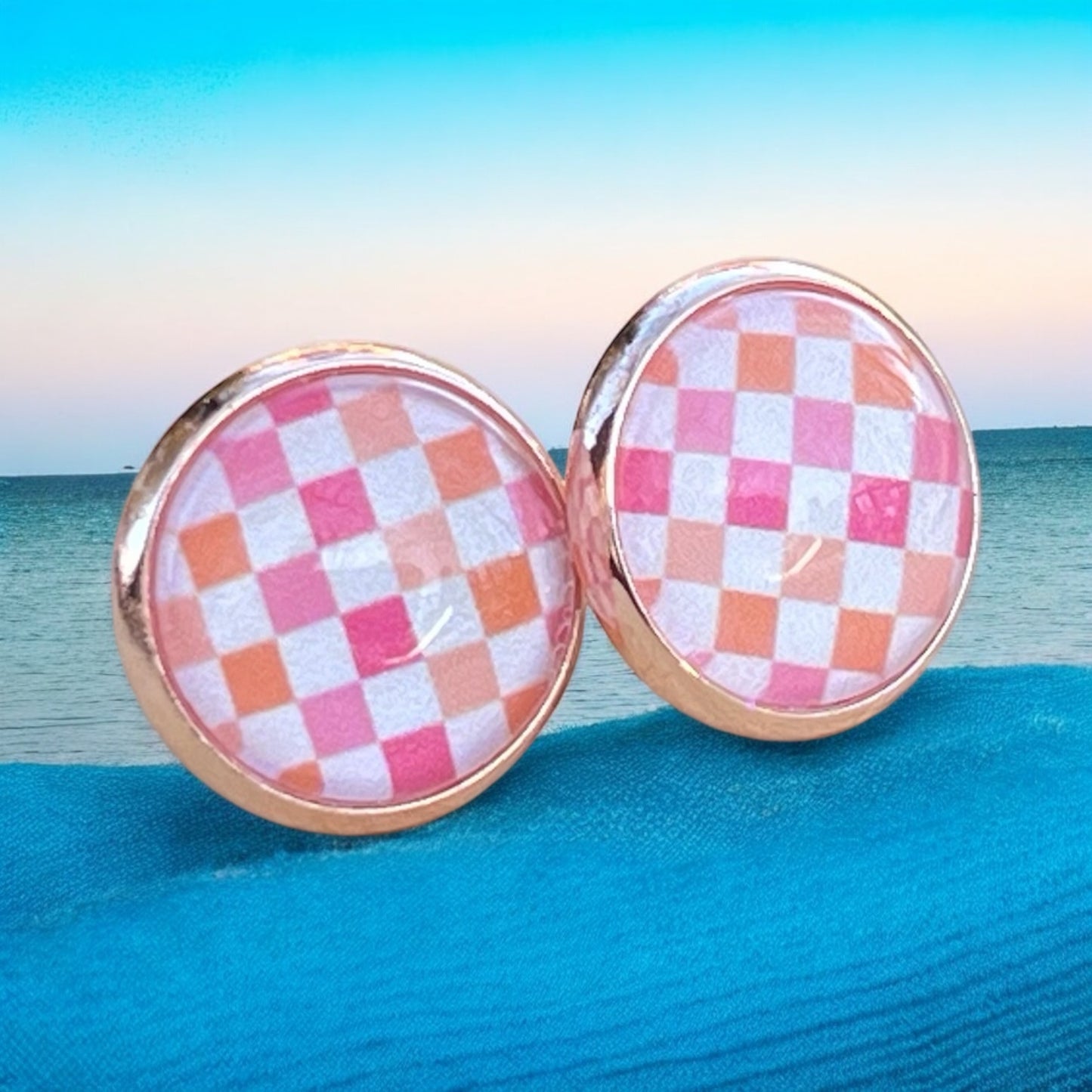 Pink & Orange Gingham Stud Earrings – Handmade Spring Jewelry