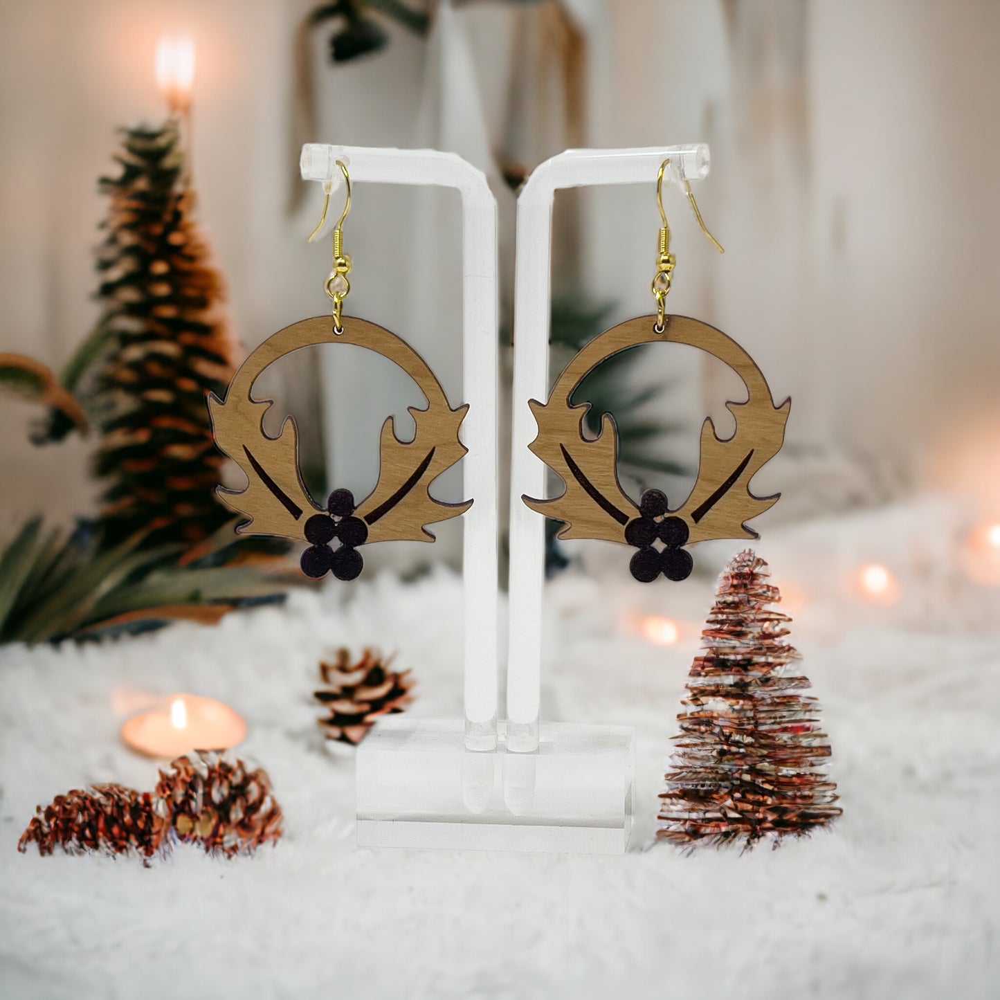 Wooden Holly Wreath Earrings – Holiday Leaf & Berry Laser Cut Jewelry