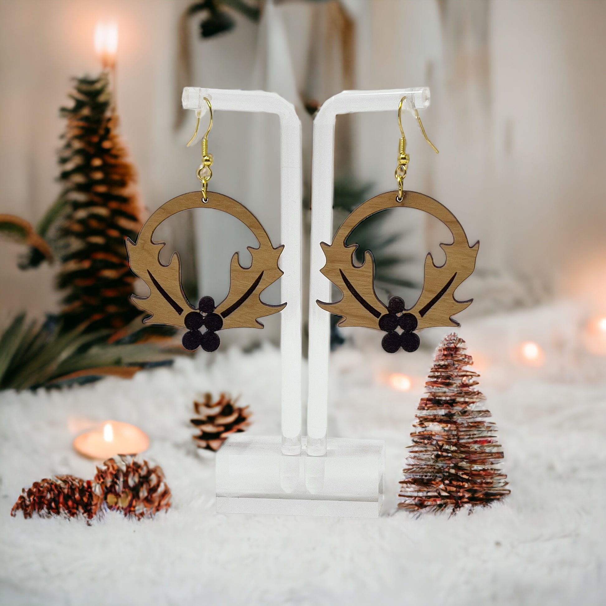 Wooden Holly Wreath Earrings – Holiday Leaf & Berry Laser Cut Jewelry
