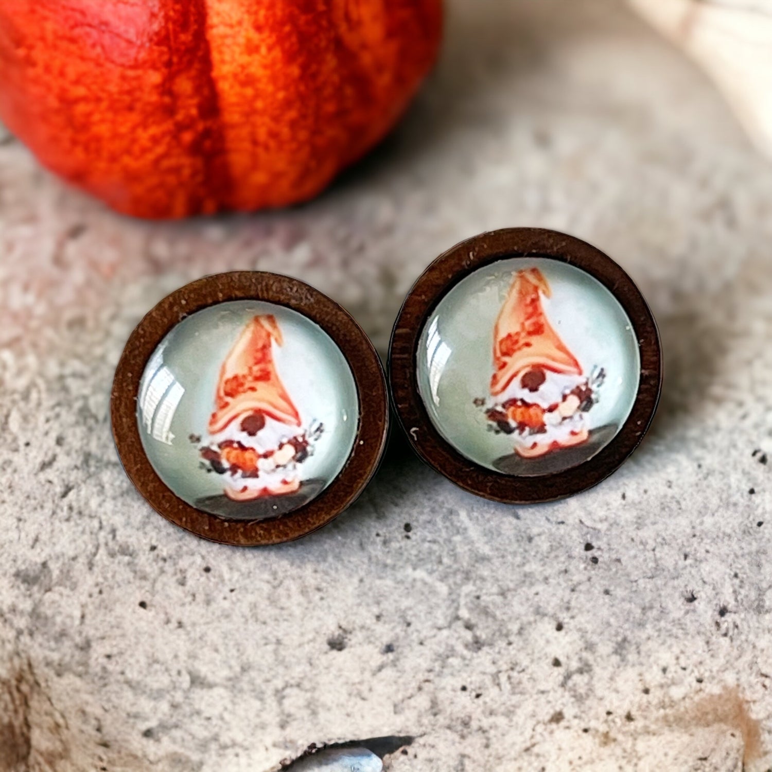 Gnome Pumpkin Stud Earrings – Whimsical Fall Harvest Jewelry in Wood