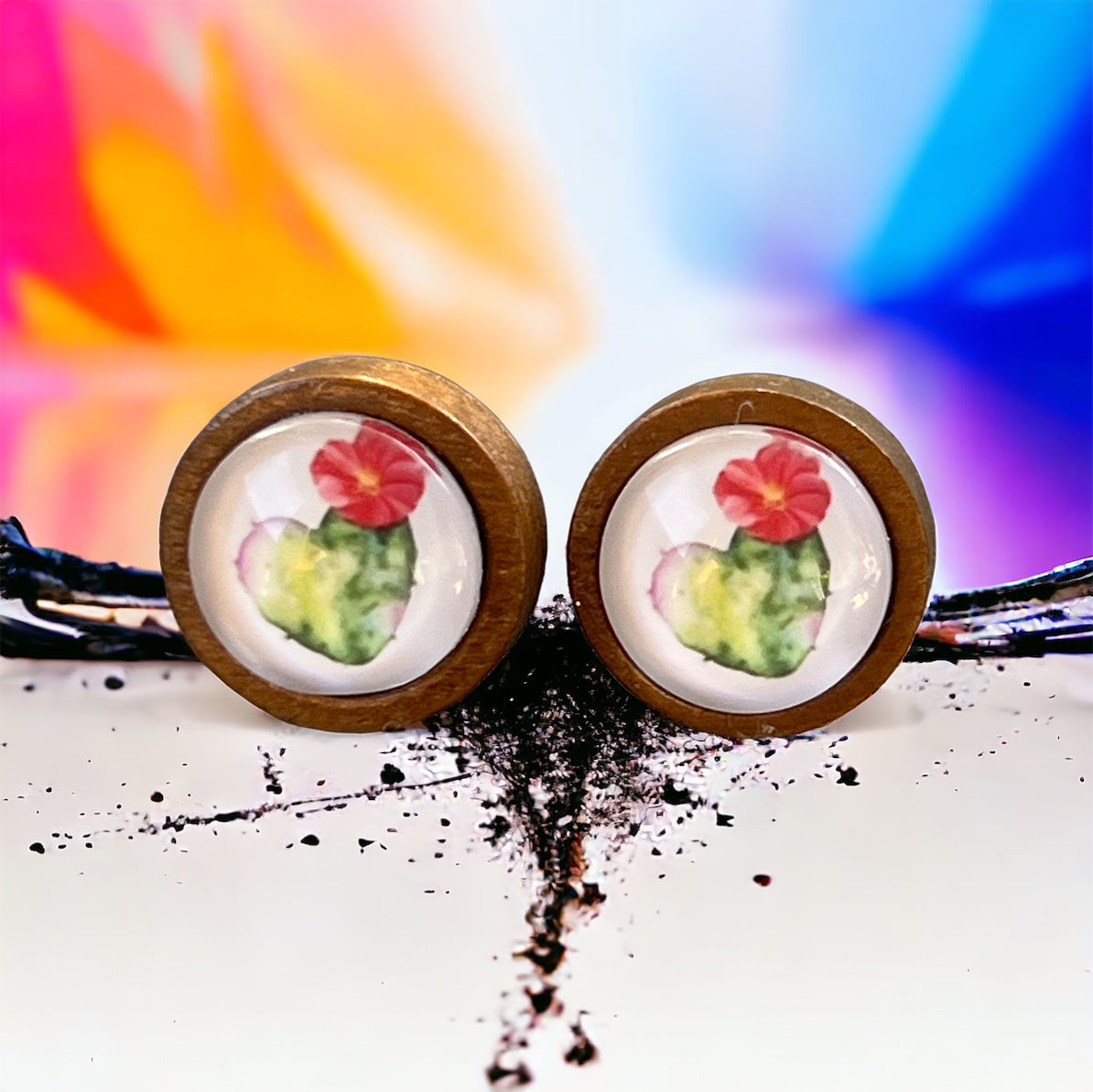 Cactus Bloom Stud Earrings – Wooden Desert-Inspired Jewelry