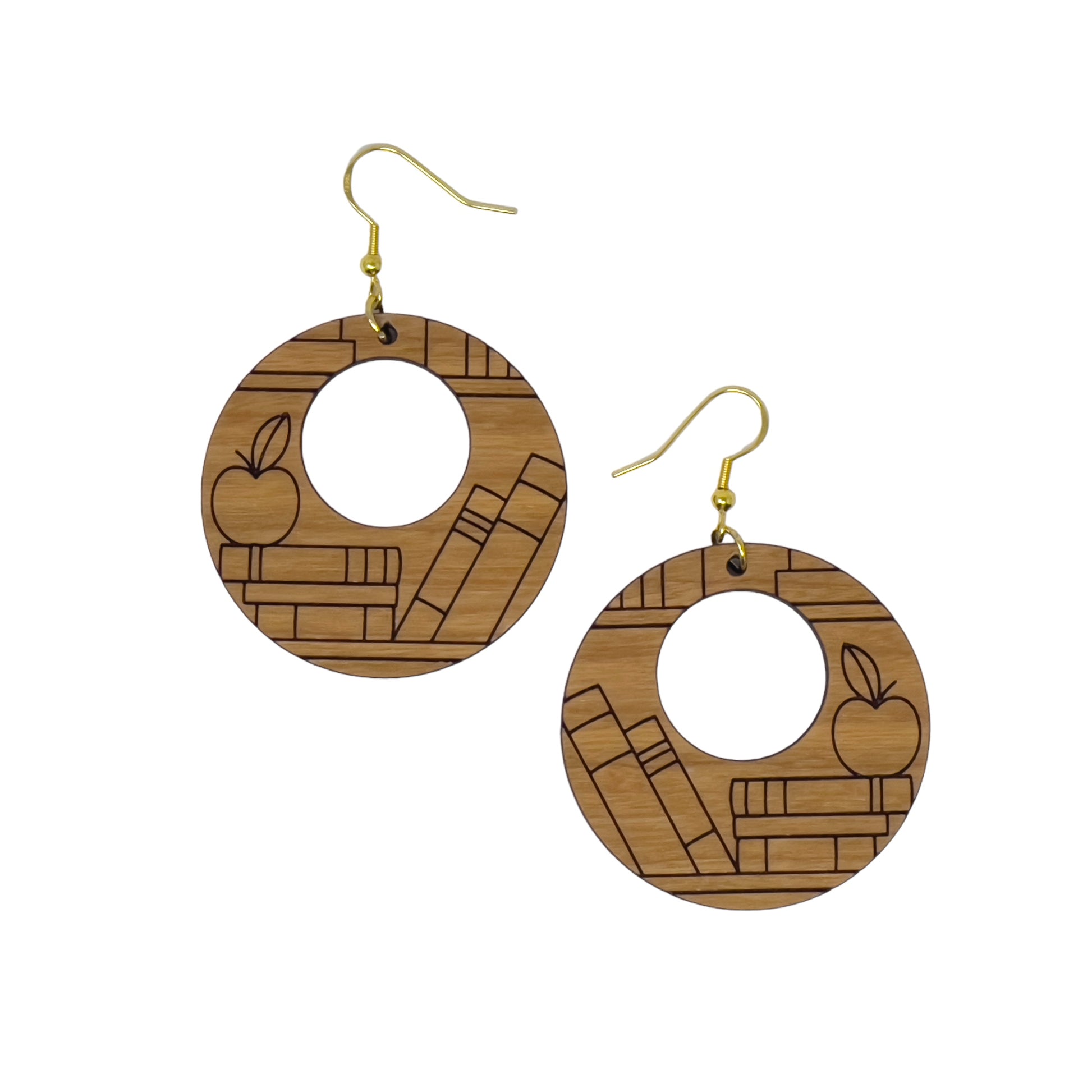 Apple & Books Wood Earrings – Boho Jewelry for Teachers
