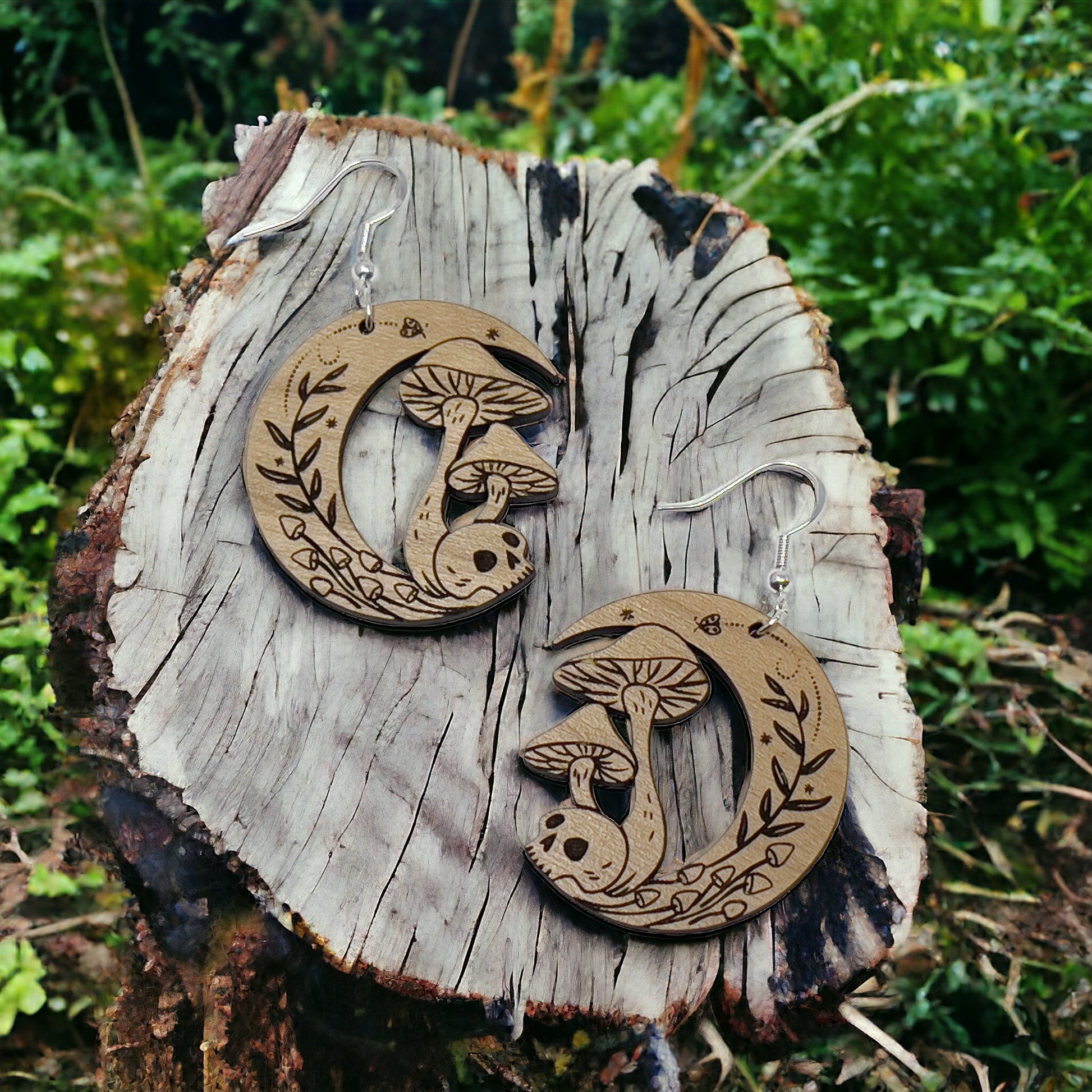 Mushroom Skull Moon Earrings – Woodland Whimsy Boho Statement Jewelry