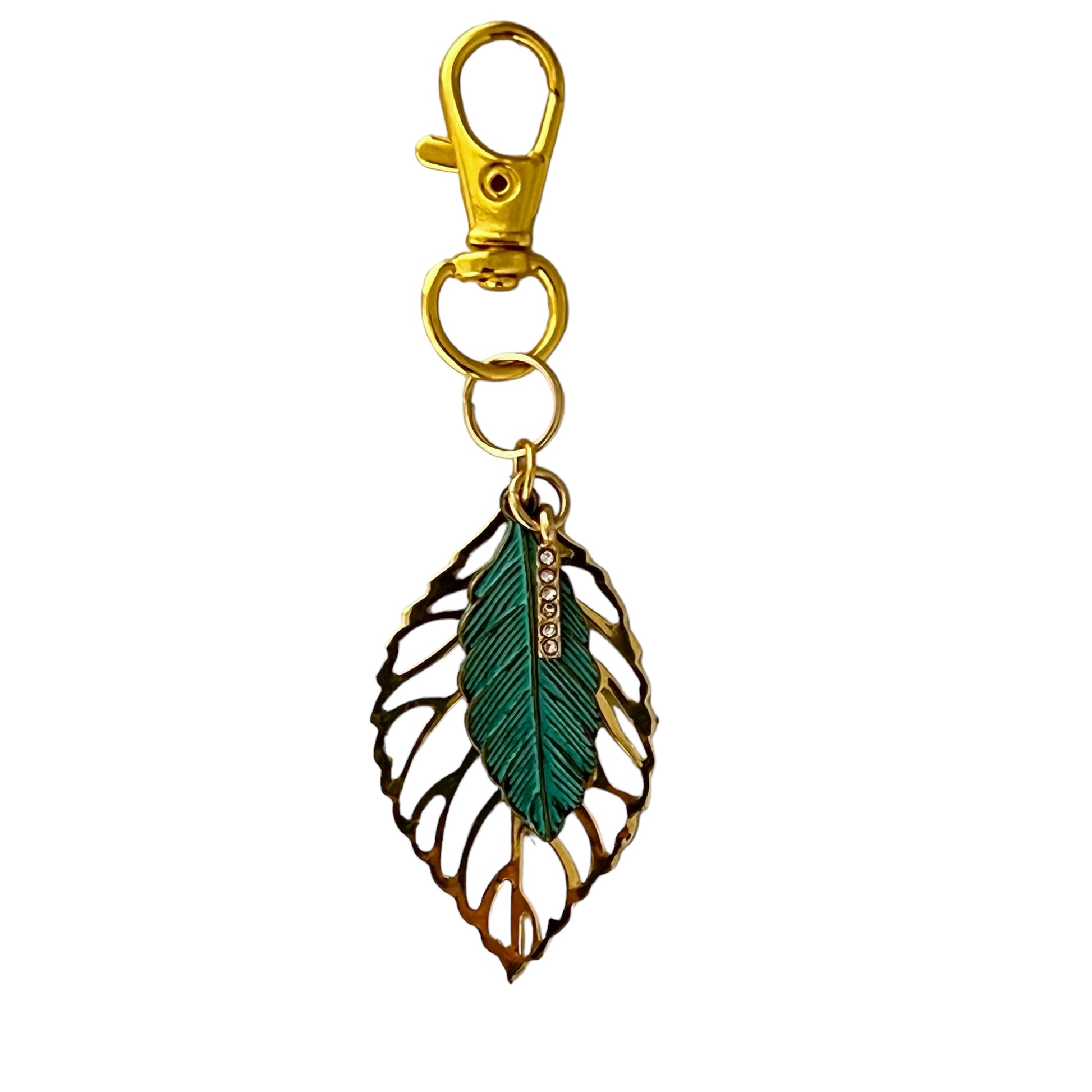 Green Feather & Leaf Purse Charm – Boho Chic Gold Keychain with Rhinestones