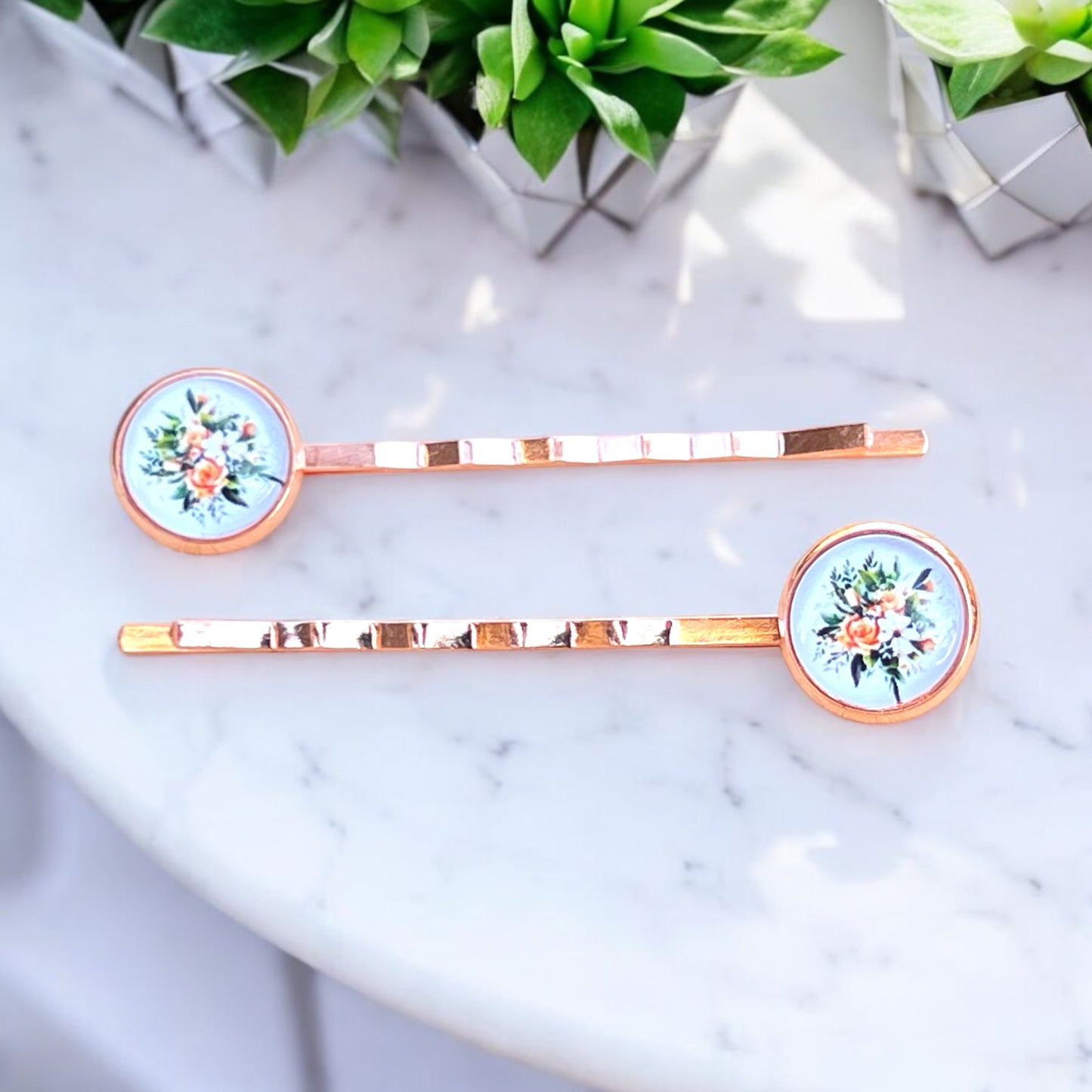 Rose Gold Floral Hair Pins – Set of 2 Vintage Cottagecore Accessories