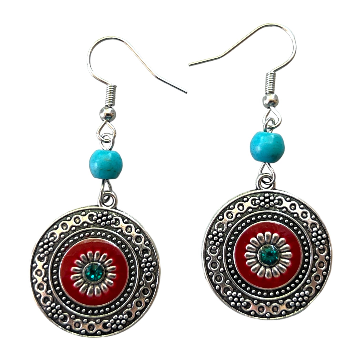 Western Medallion Earrings – Red & Turquoise Boho Dangles