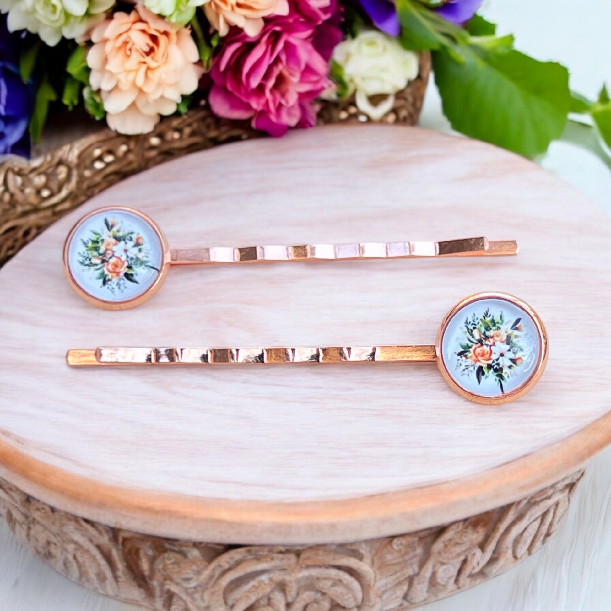 Rose Gold Floral Hair Pins – Set of 2 Vintage Cottagecore Accessories