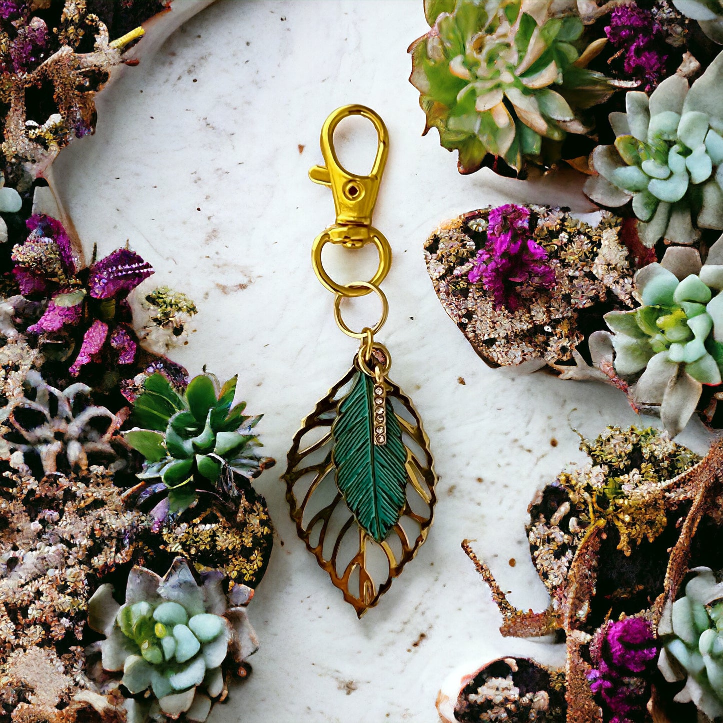 Green Feather & Leaf Purse Charm – Boho Chic Gold Keychain with Rhinestones