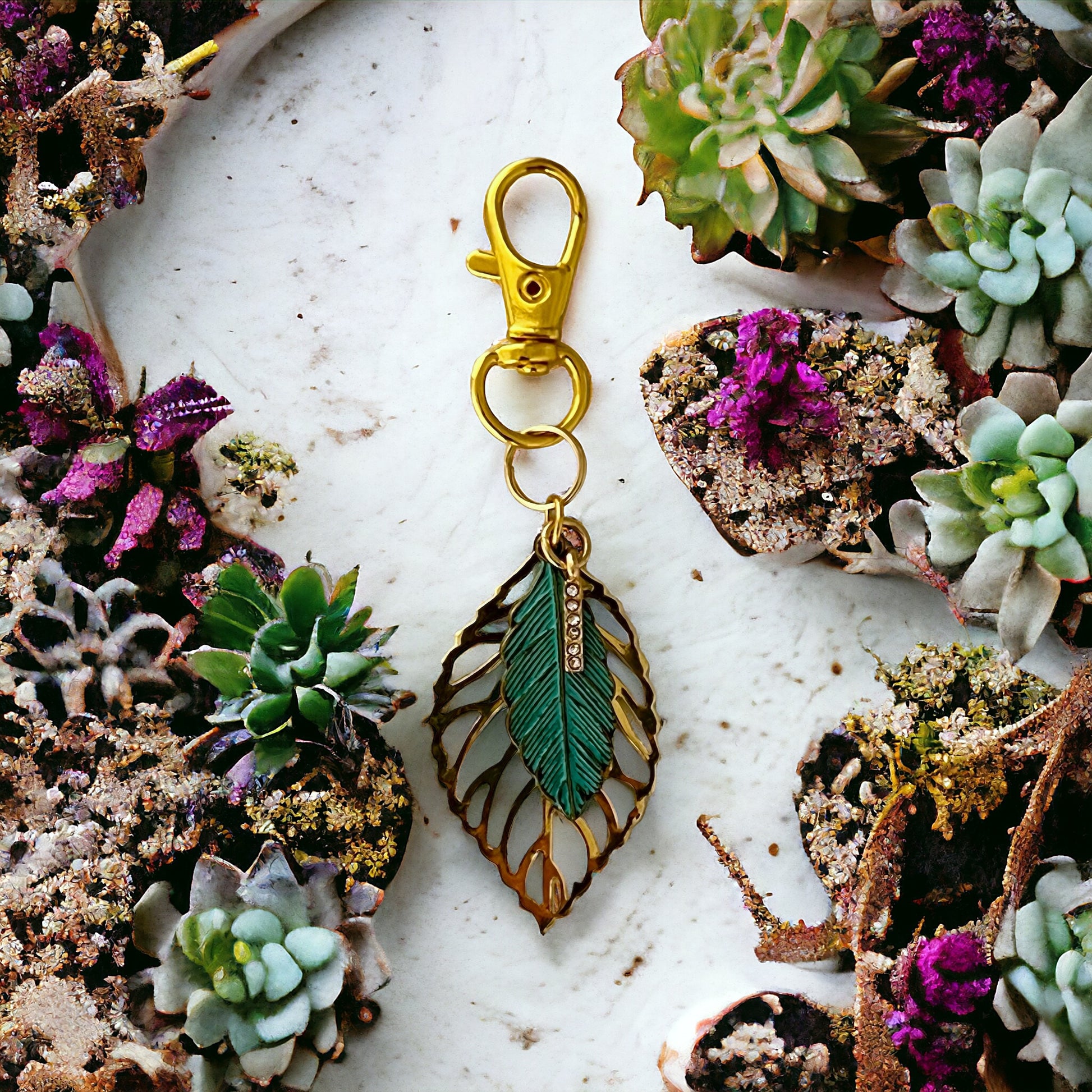 Green Feather & Leaf Purse Charm – Boho Chic Gold Keychain with Rhinestones