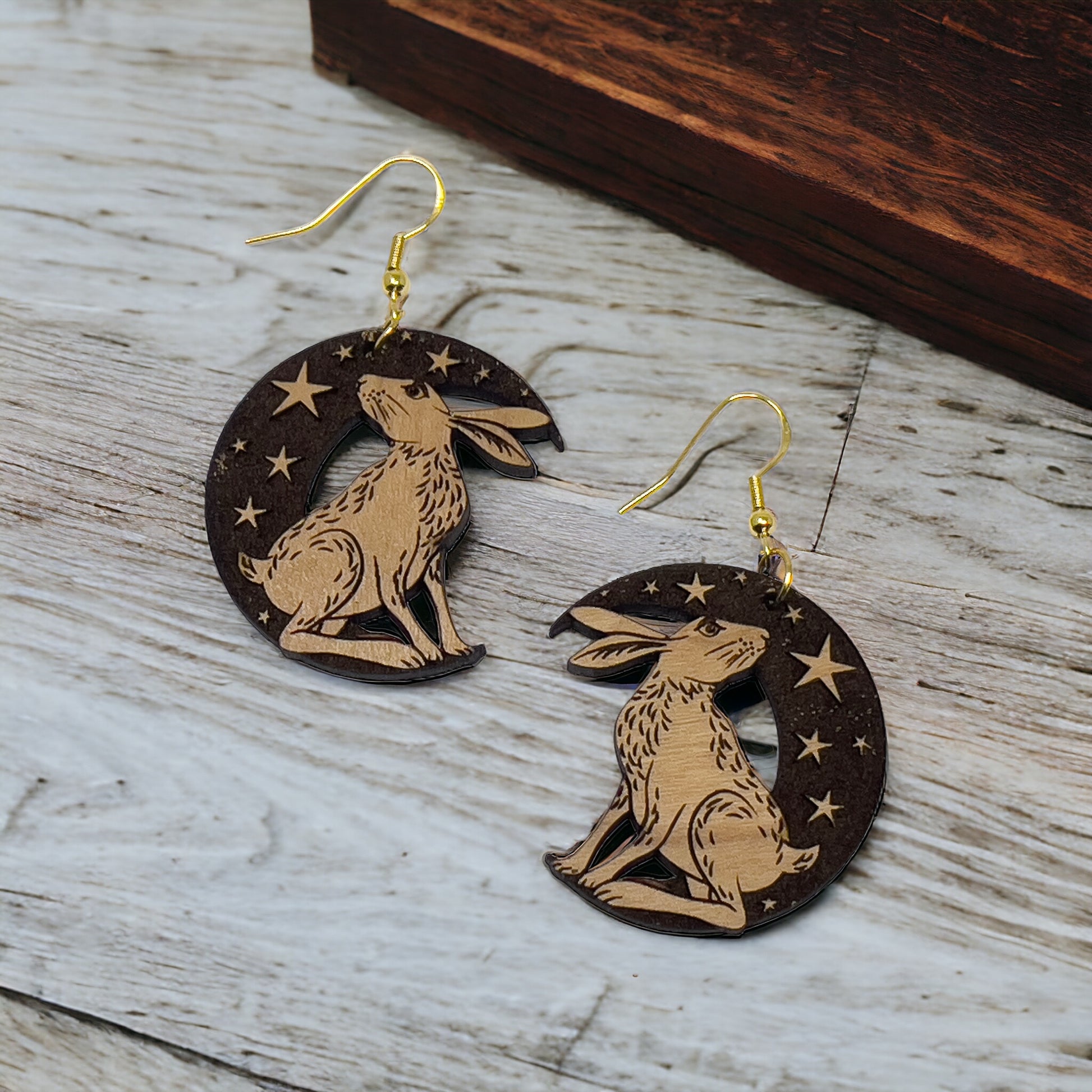 Easter Bunny Wood Crescent Moon Star Earrings, Personalized Handcrafted Dangle Earrings, Customizable Cute Gifts for Rabbit Lover Girlfriend
