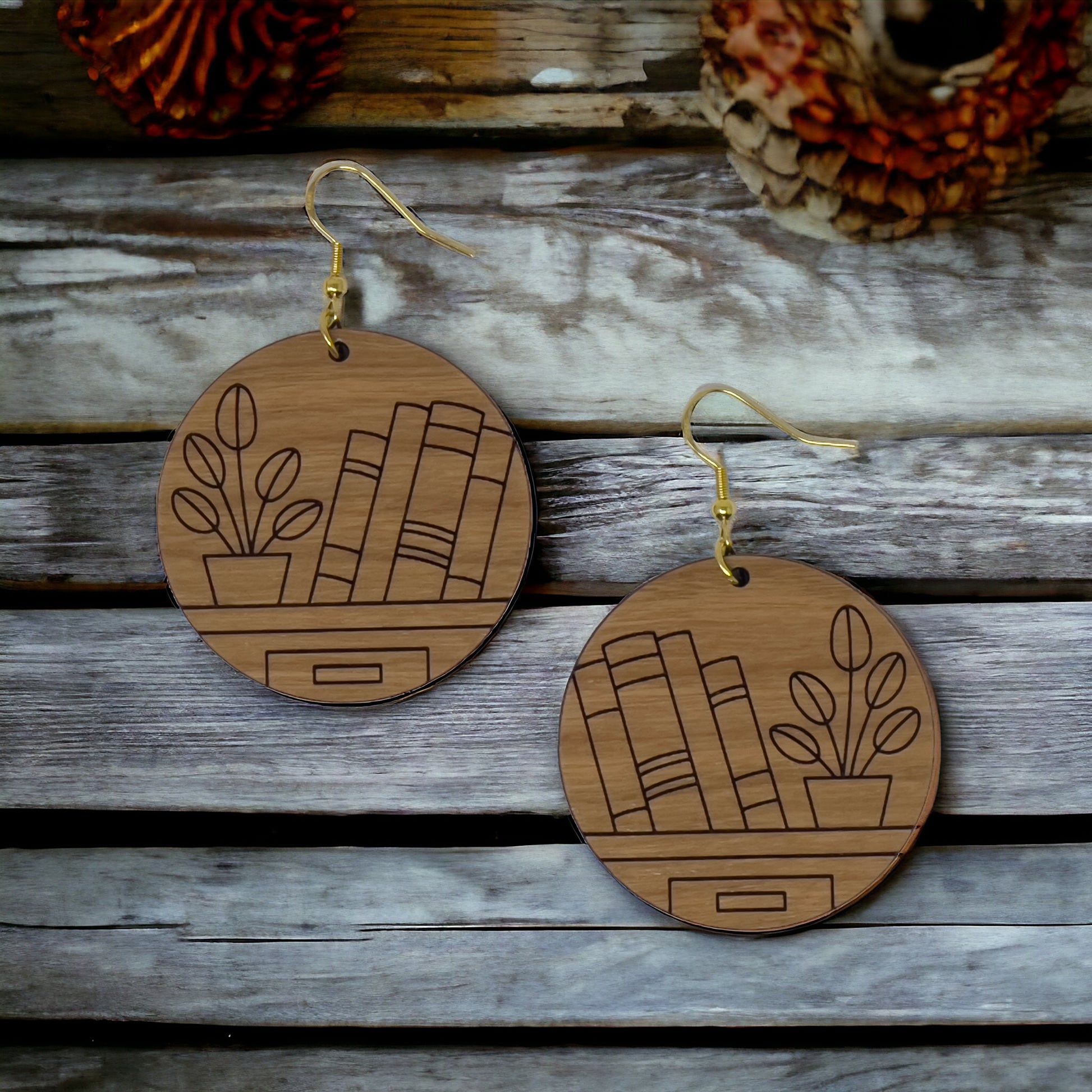 Bookshelf Wood Earrings – Boho Cottagecore Statement Jewelry