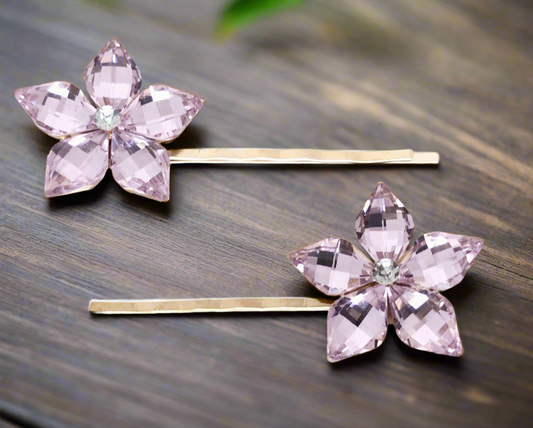 Rhinestone Hair Pins - Pink Flower Wedding Bobby Pin Set of 2