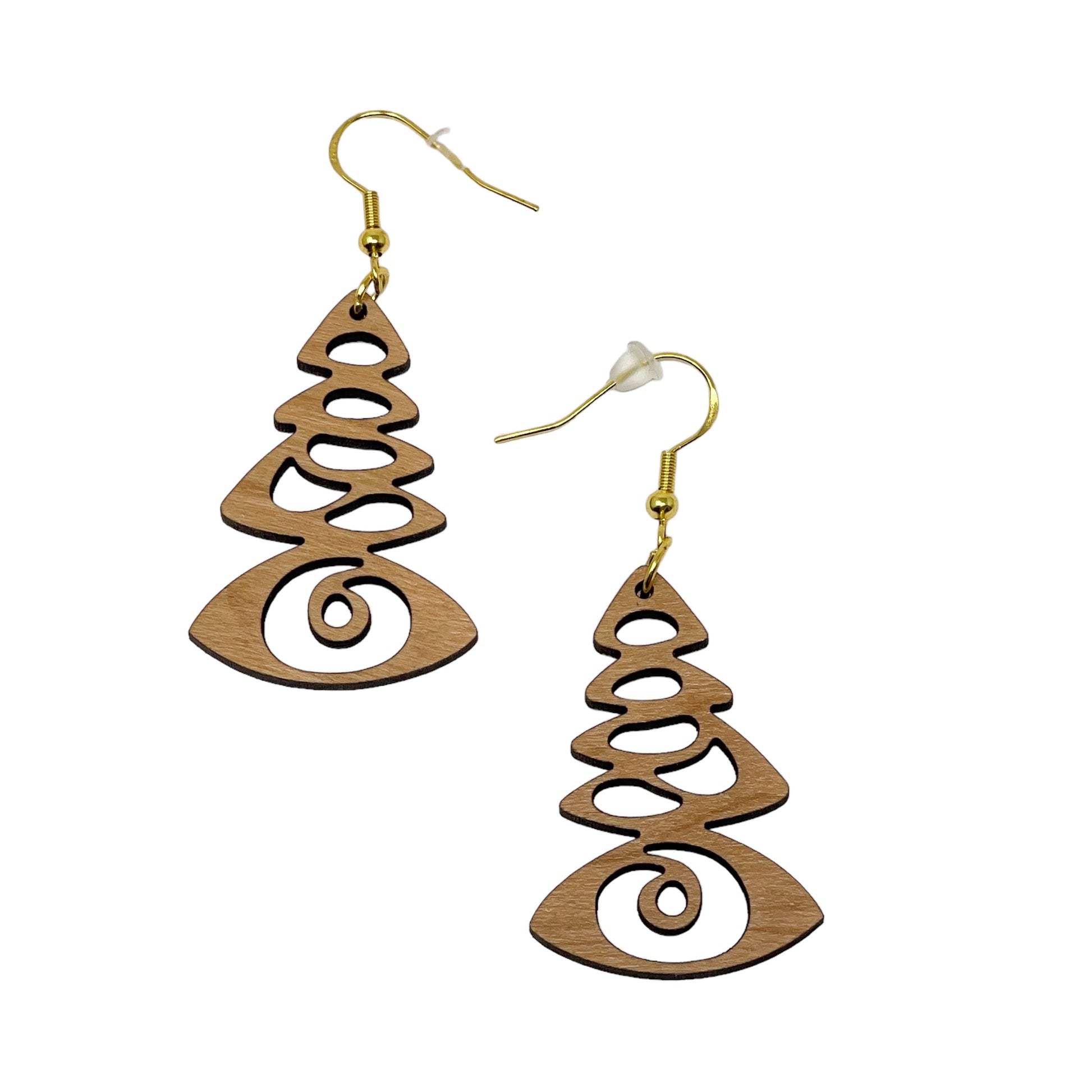Mystic Pine Eye Earrings – Wooden Holiday Tree Jewelry with a Twist