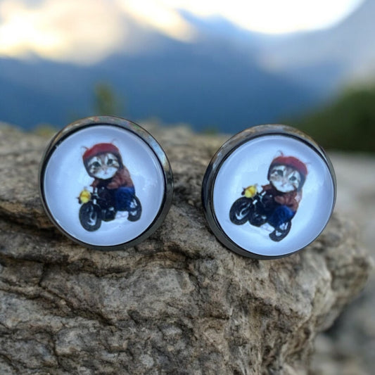Biker Cat Stud Earrings – Handmade Motorcycle Jewelry