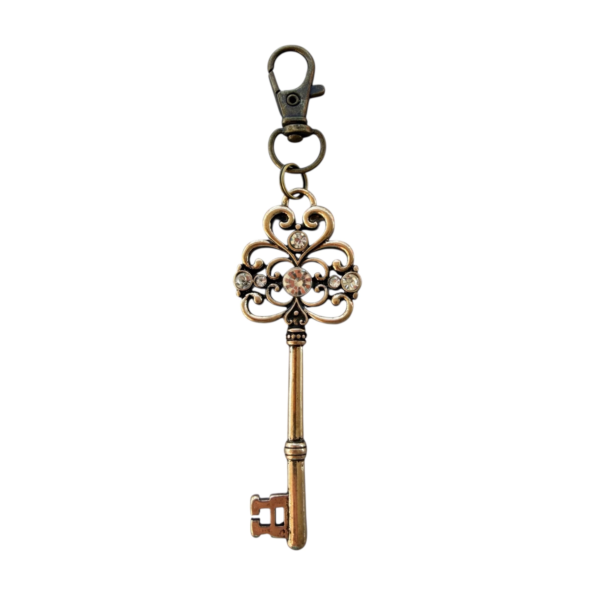 Vintage Key Purse Charm – Antique Gold Rhinestone Bag Accessory