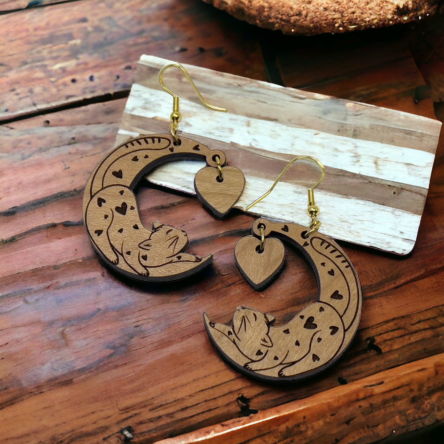 Heart Moon Cat Earrings – Whimsical Wooden Love Jewelry for Her