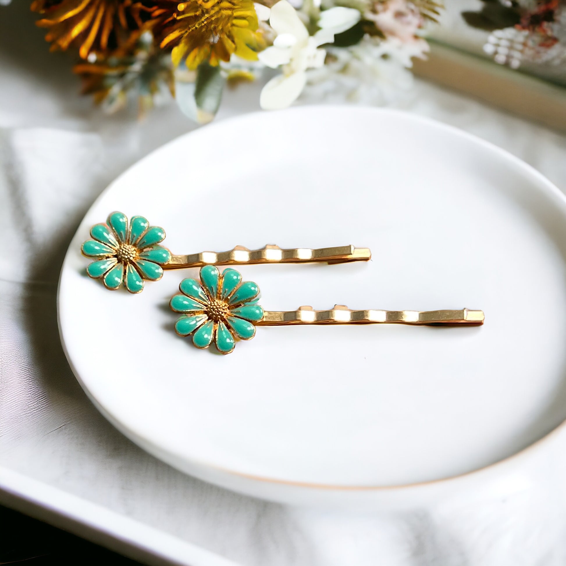 Mint Green Wildflower Hair Pins – Set of 2 Cottagecore Accessories