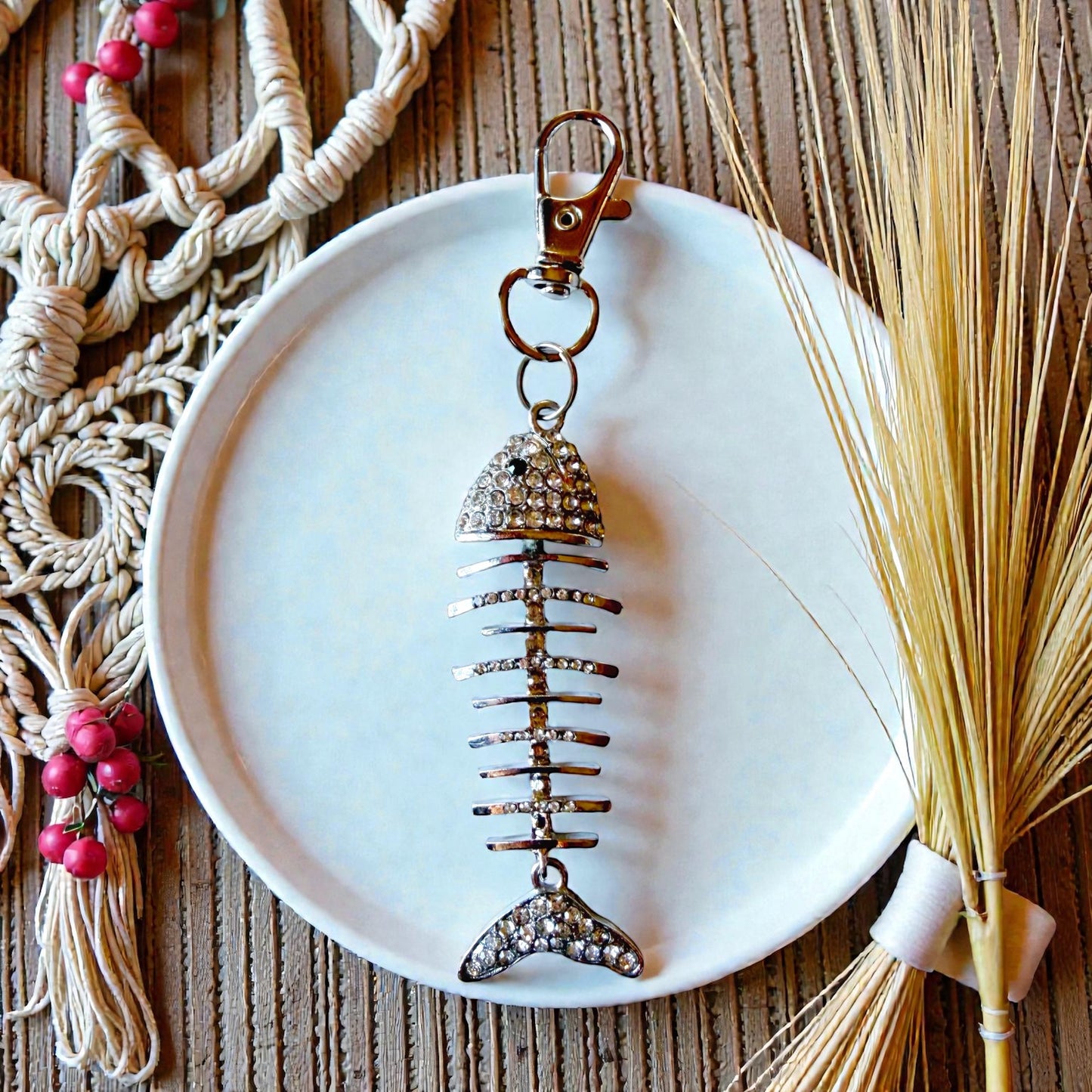 Rhinestone Fishbone Purse Charm – Sparkly Silver Bag Accessory