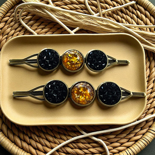 Fall Hair Pin Set – Amber & Black Crystal Handmade Bobby Pins