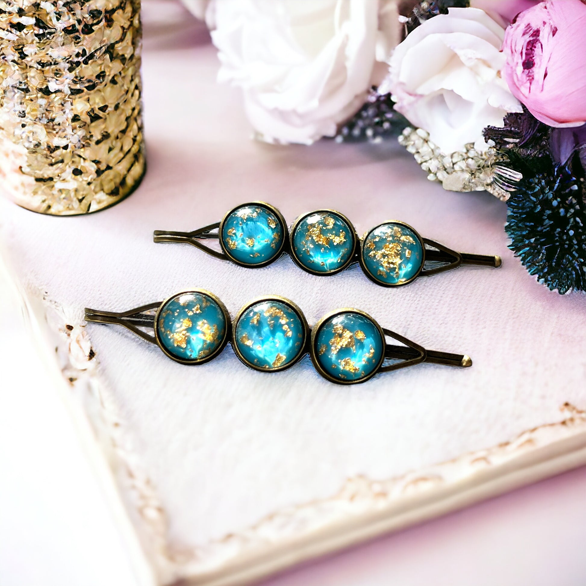 Turquoise & Gold Foil Hair Pins – Set of 2 Celestial Accessories