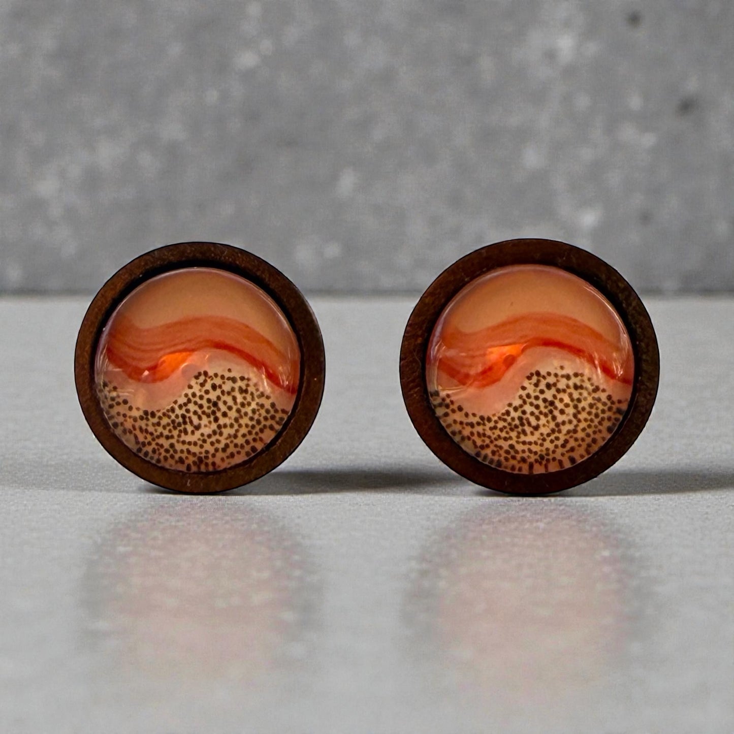Desert Sunrise Boho Wood Stud Earrings – Peach & Terracotta Dots