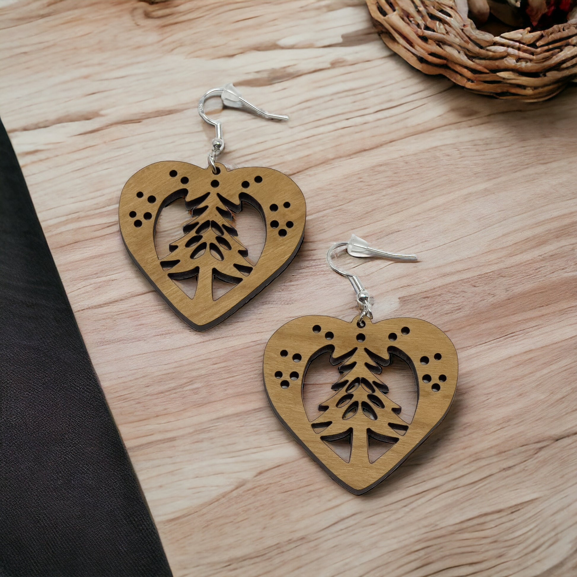 Heart Tree Cutout Earrings – Wooden Christmas Forest Dangles with Gold Hooks